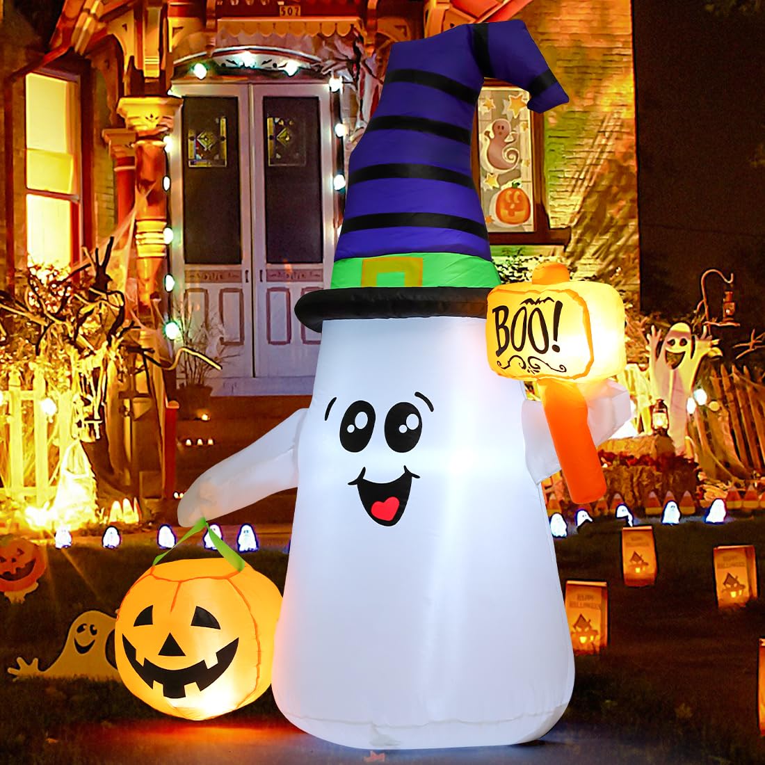 5 FT Halloween Ghost Inflatable Decoration with Witch hat and pumpkin trick or treat bag