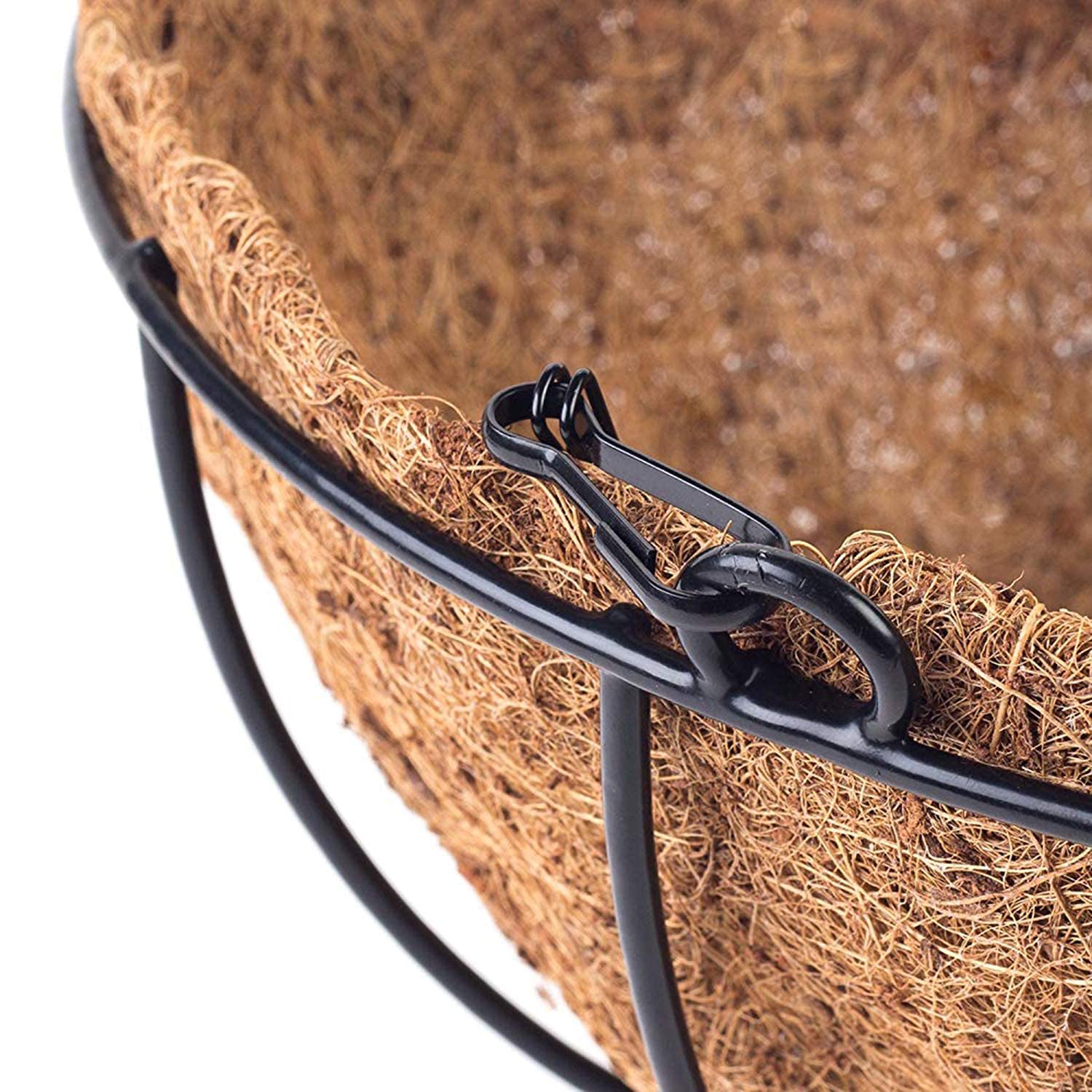 Coconut fiber basket with black metal on a white background