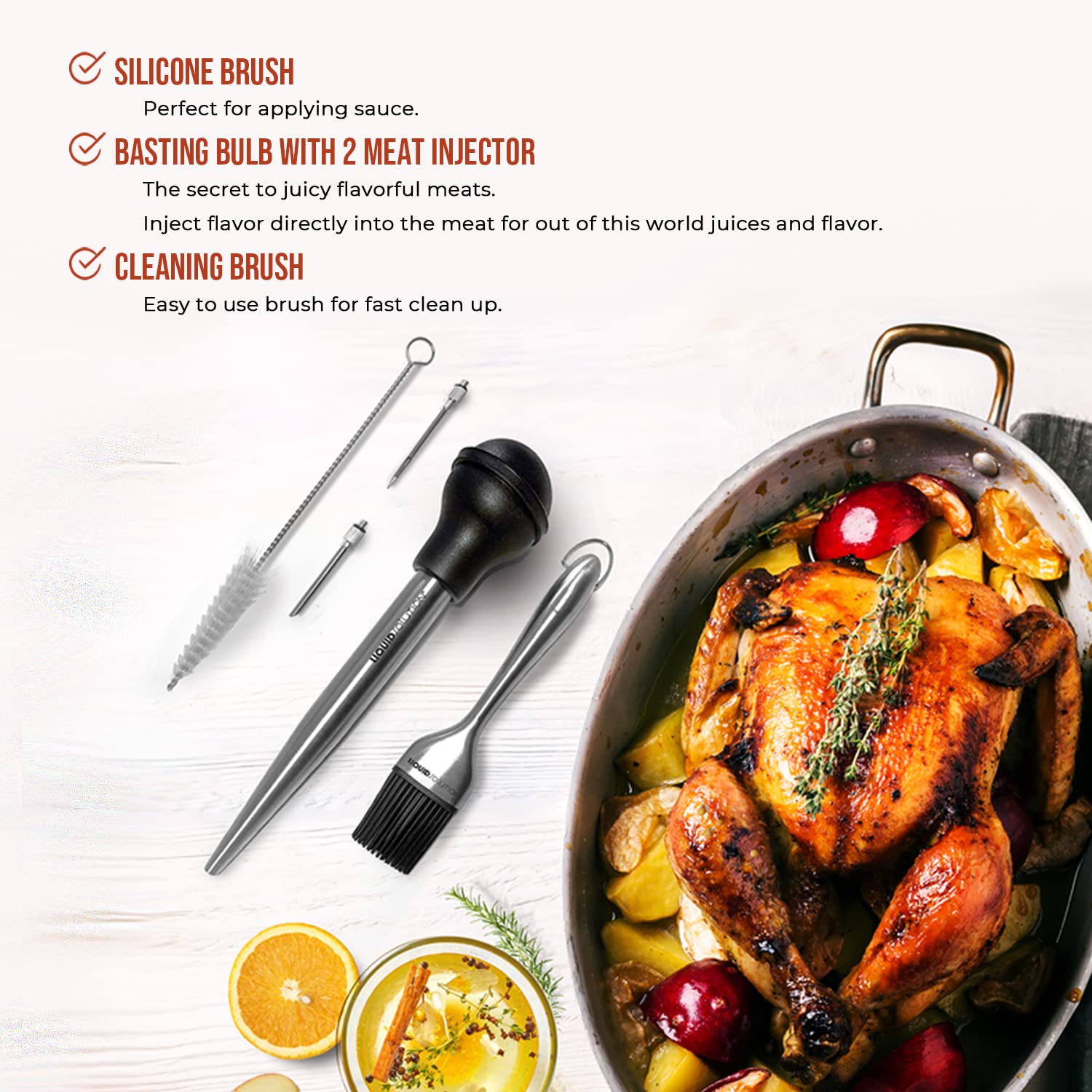 Turkey Baster 5 Piece Set features silicone brush, basting brush with two meat injectors and a cleaning brush