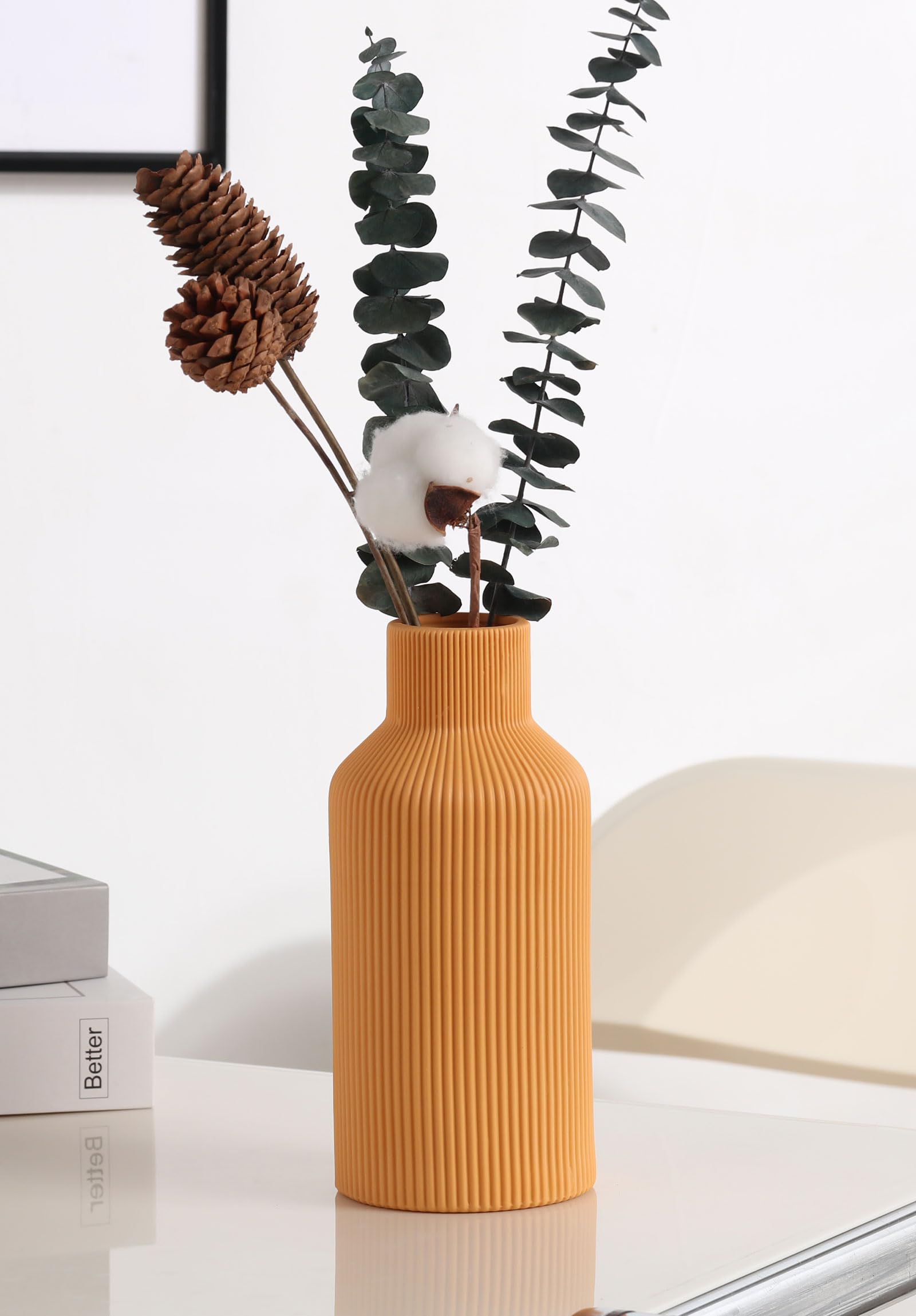 8 inch Orange Ribbed Ceramic Vase - Modern orange vase