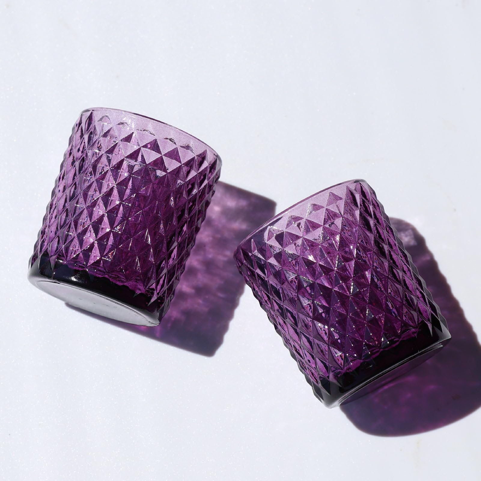 12pcs Purple Vintage Glass Diamond Pattern Votive Candle Holders