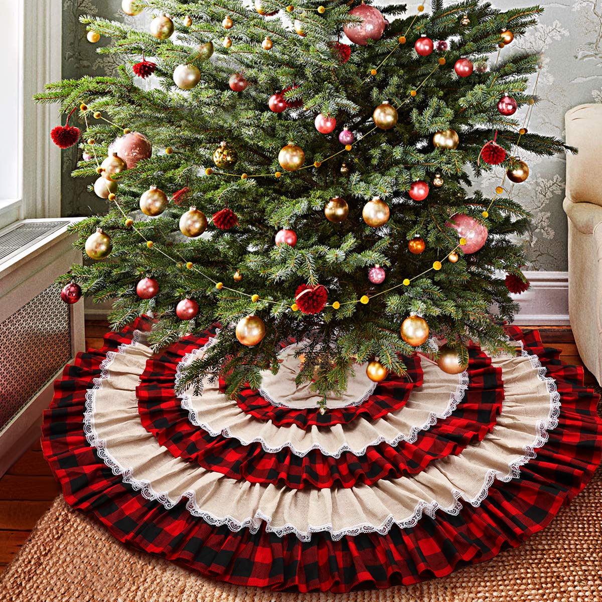 Buffalo plaid, lace, ruffle Christmas tree skirt