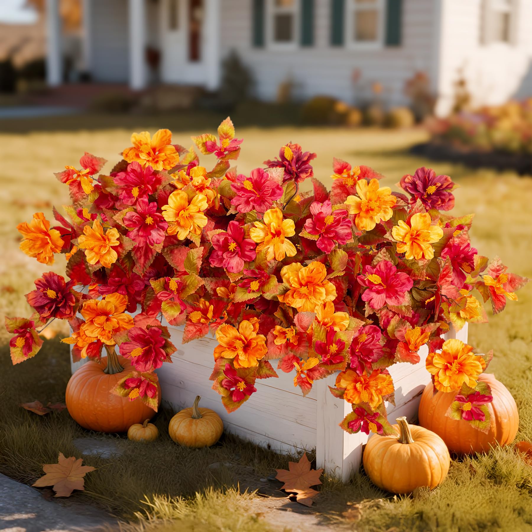 2PCS Fake Fall Flowers for Outdoor Planters, Autumn Faux Hibiscus