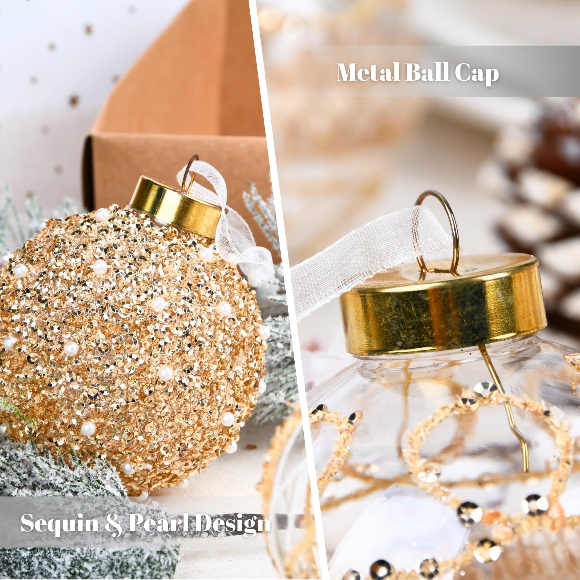 ornaments features including metal ball cap and sequin pearl design