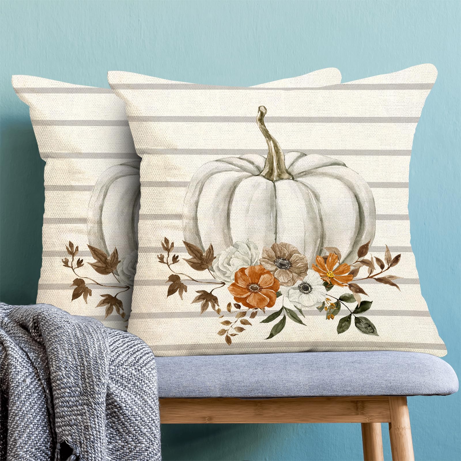 set of two autumnal pillow covers pumpkins and flowers