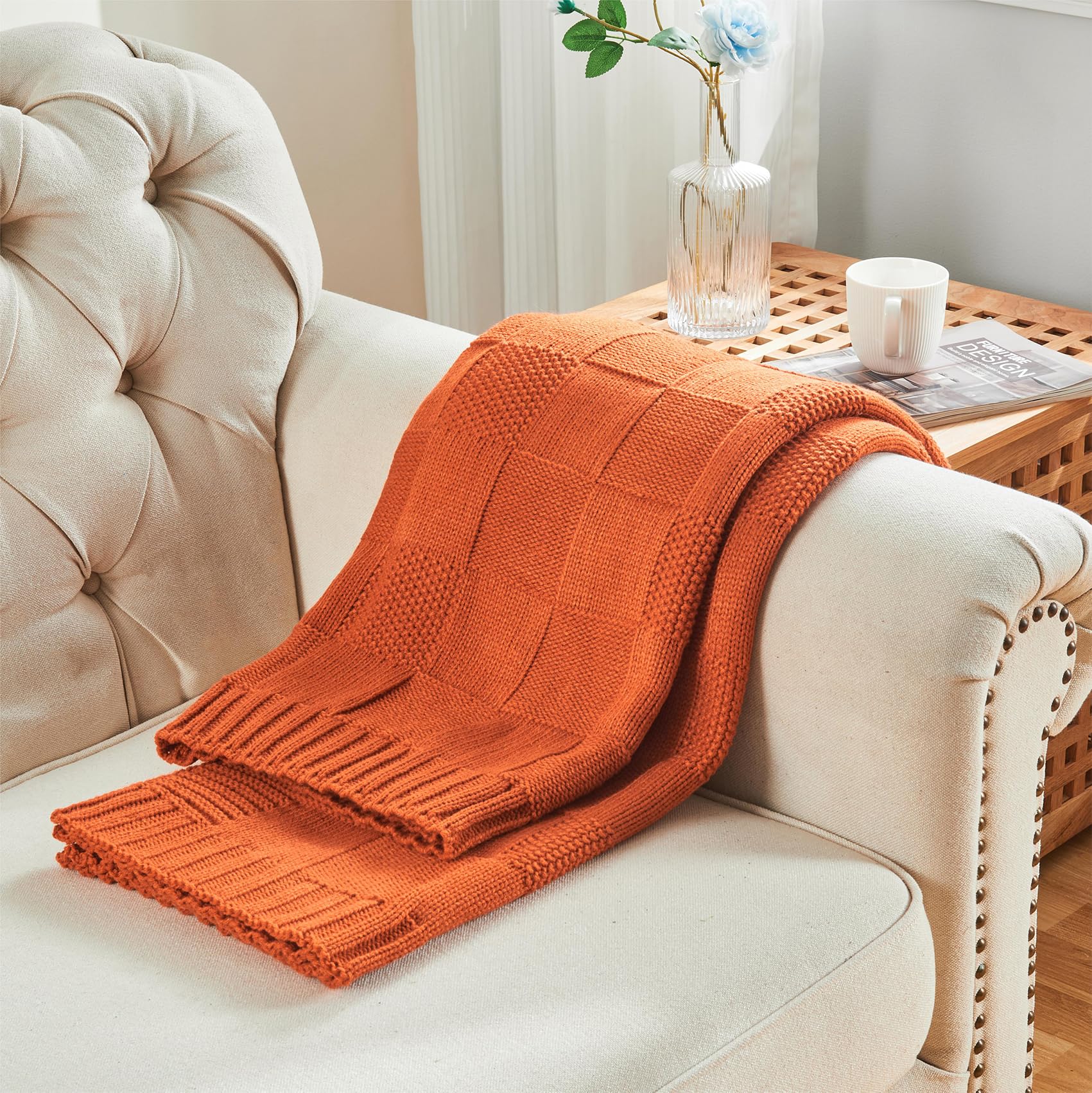 Rust Orange Checkered Pattern Knitted Fall Throw Blanket