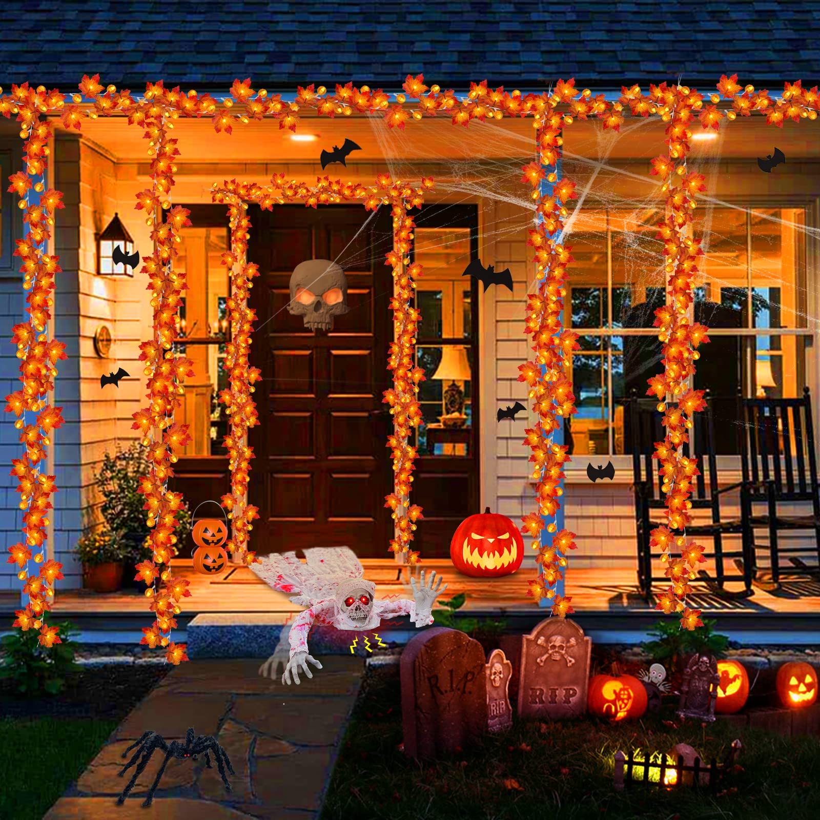 Outdoor Halloween maple and pumpkin string lights
