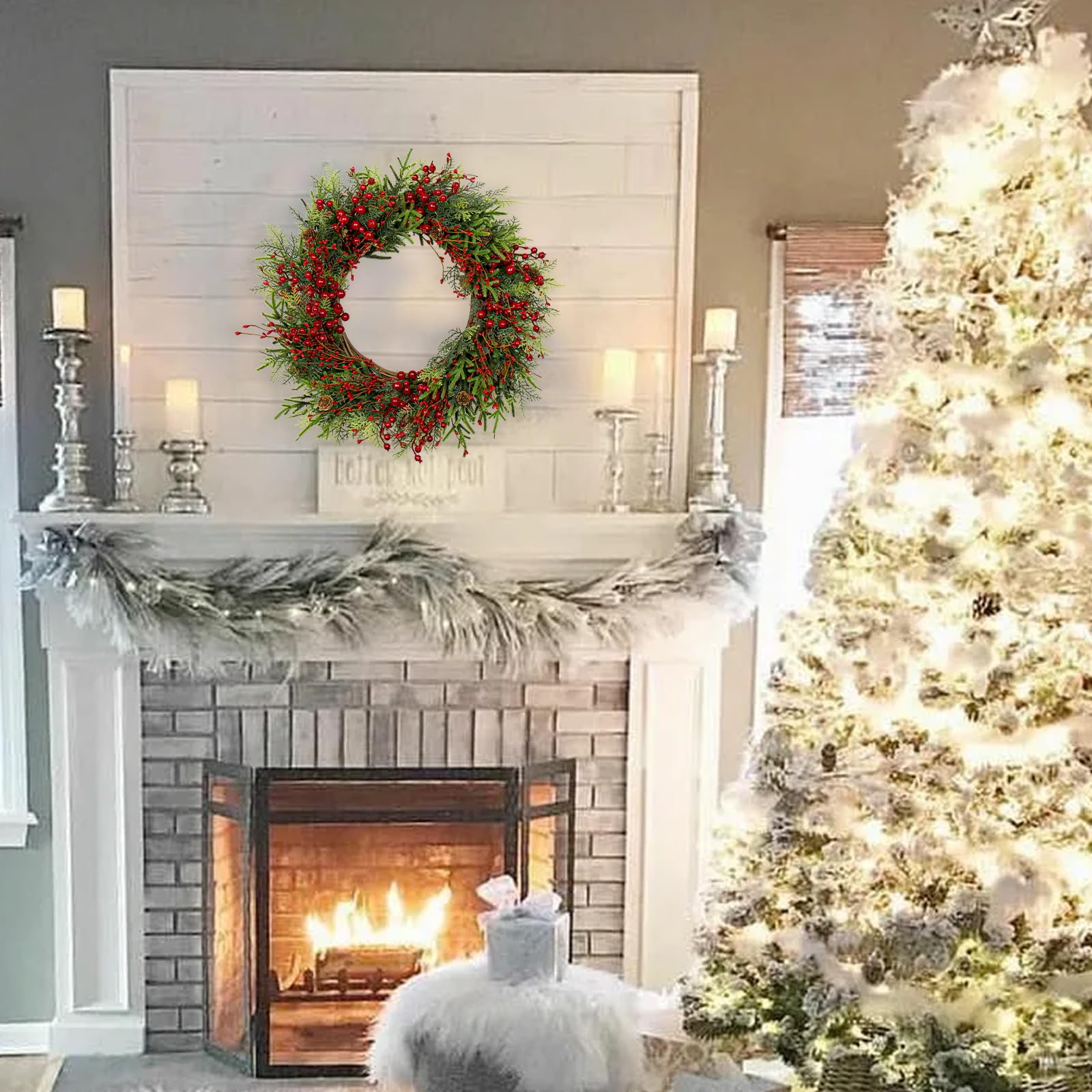 22 Inch Artificial Christmas Wreath with Red Berries