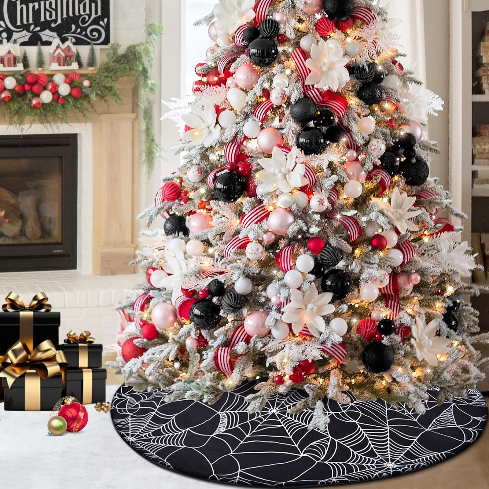48” Spider Web Tree Skirt, Black Halloween Tree Skirt for 6-7.5 ft Tree