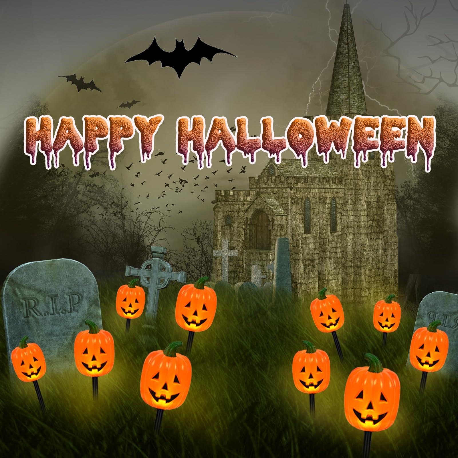 Set of 10 Halloween Pumpkin Stake Lights, Decorative Solar Pumpkin Lights