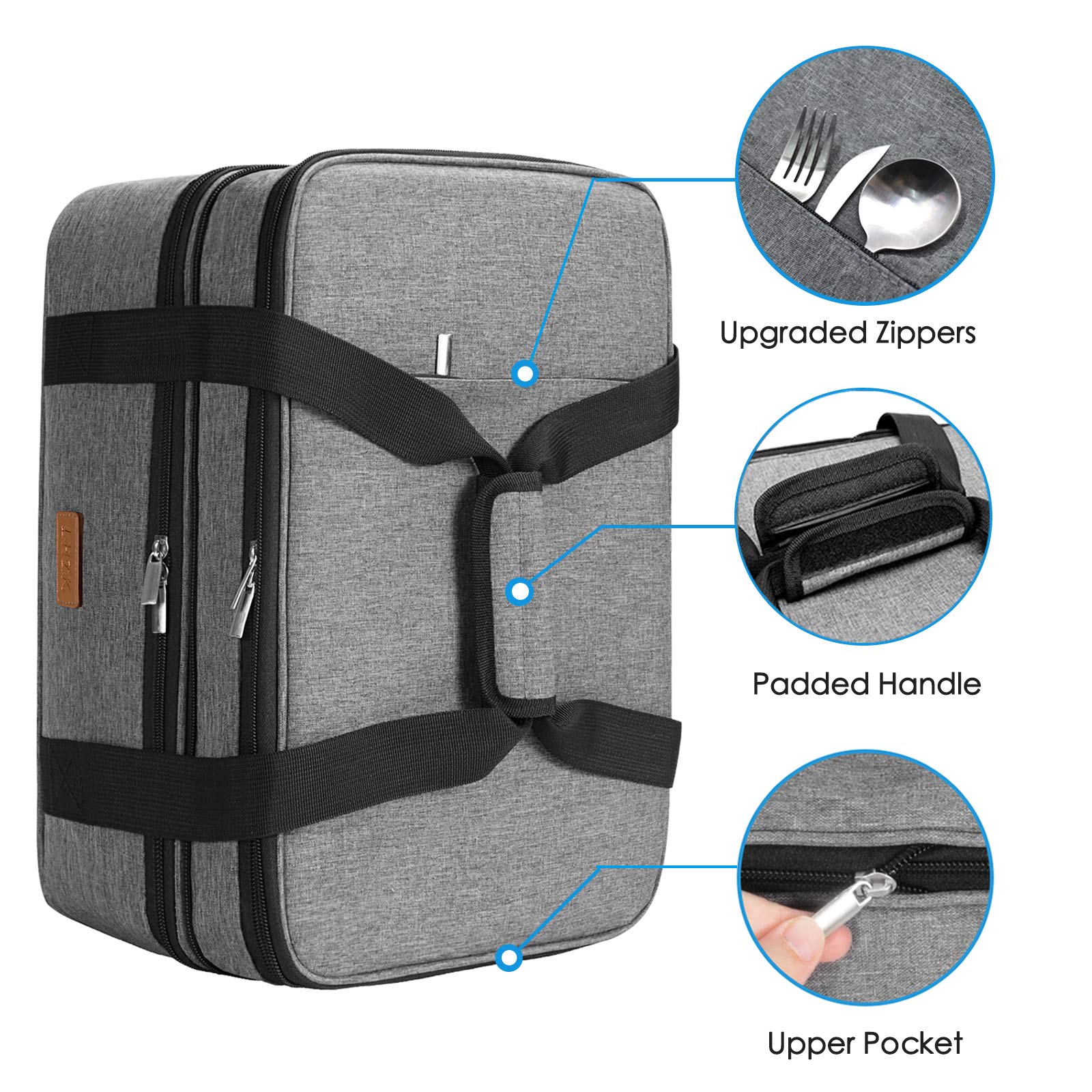 Grey Dual Compartment Insulated Casserole Carrier with padded handle, upper pocket, and upgraded zippers