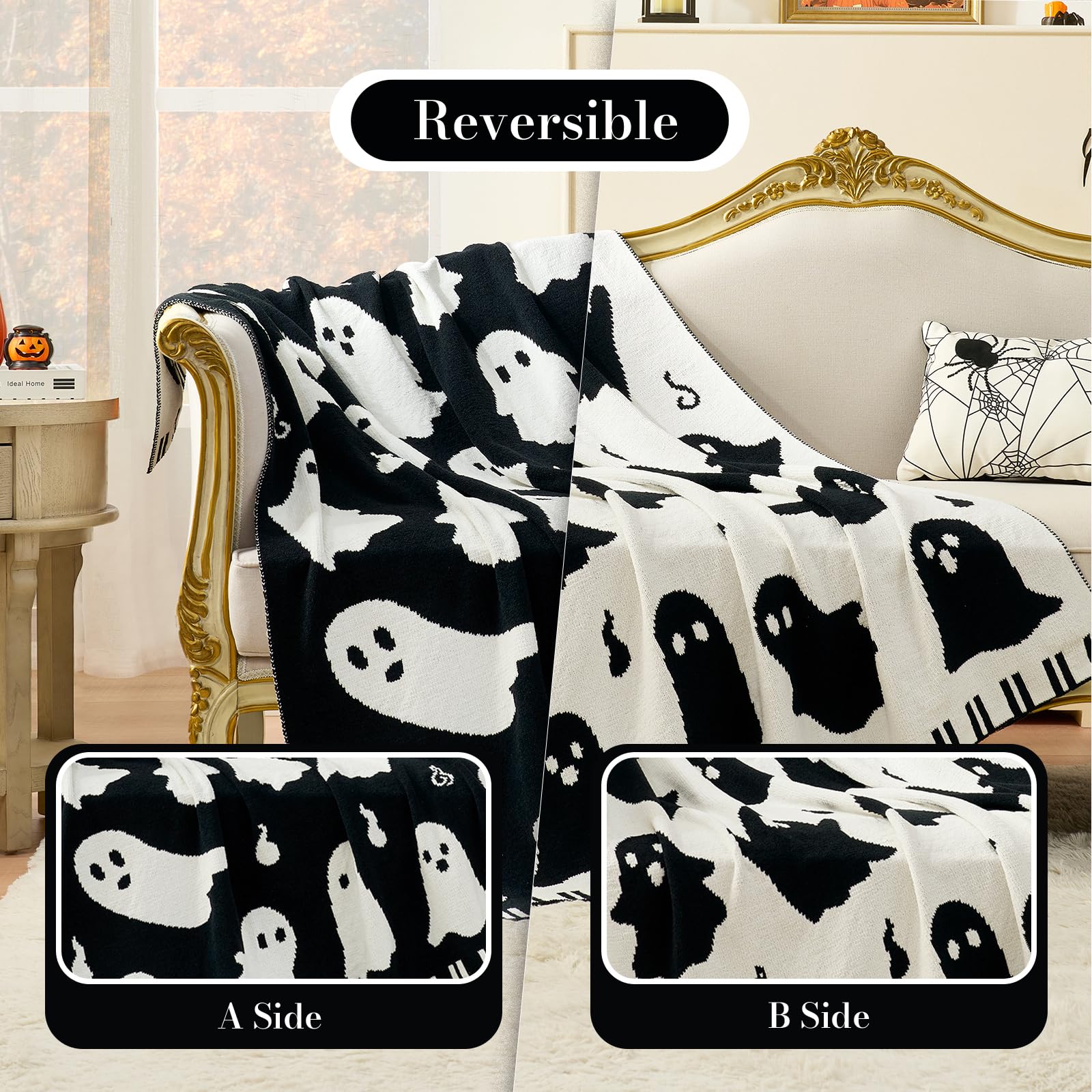 Reversible blanket with ghost patterns on a bed