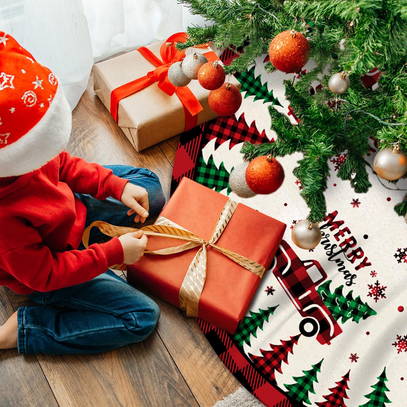 Red Buffalo Plaid Christmas Tree Skirt with Truck and Christmas Trees
