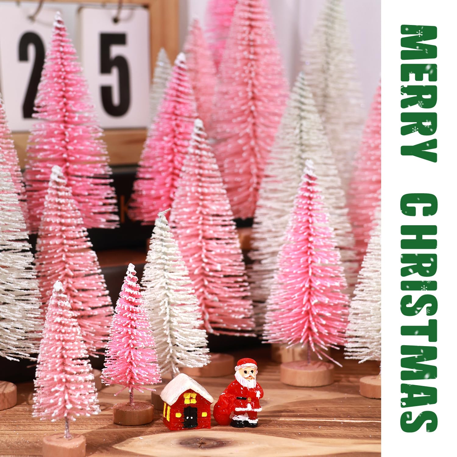 Mini Pink Christmas Trees with Wooden Base