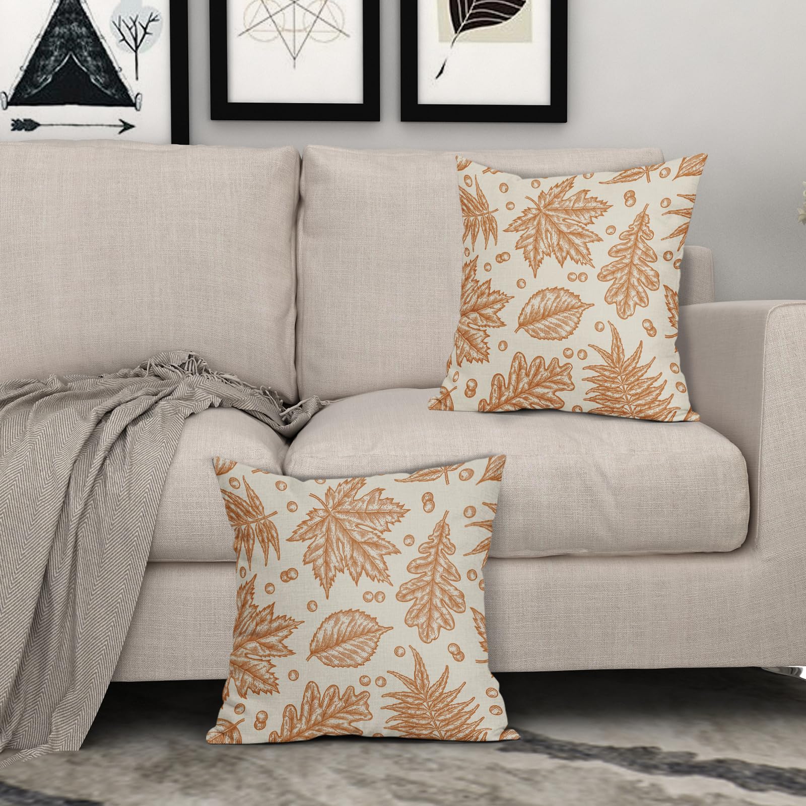 set of 2 fall throw pillow covers with maple leaf pattern