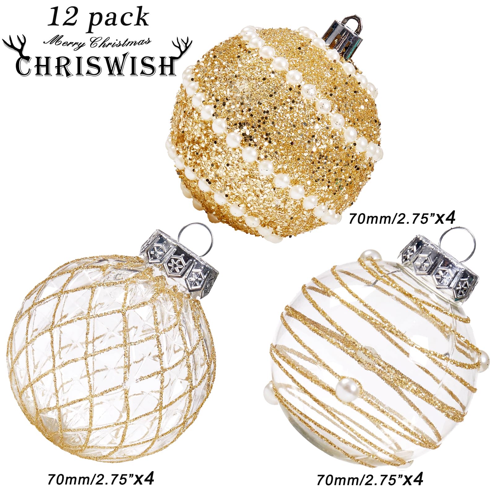 12 pack of ornaments with 3 different designs approximately 2.75"