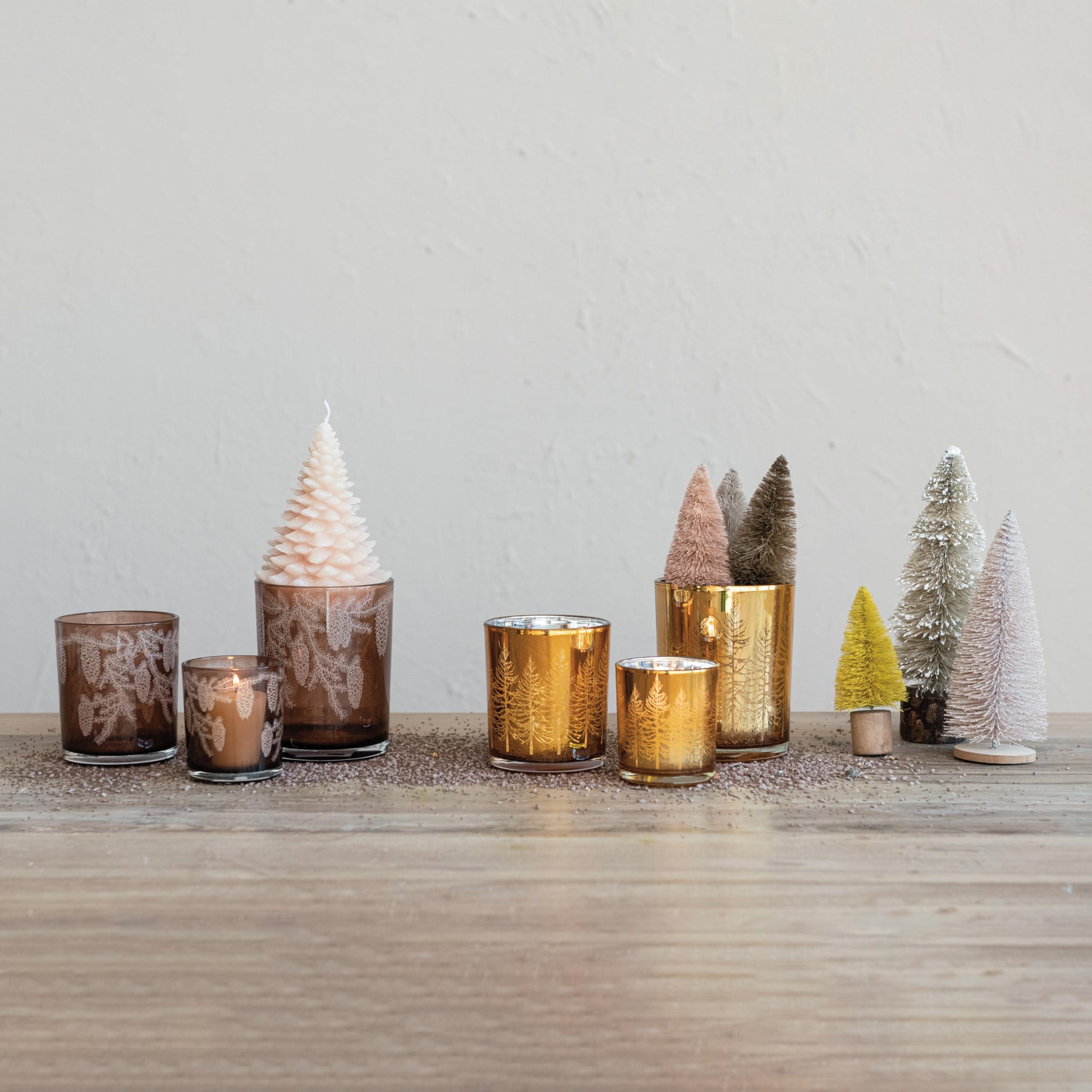 Gold tealight candles with etched tree design