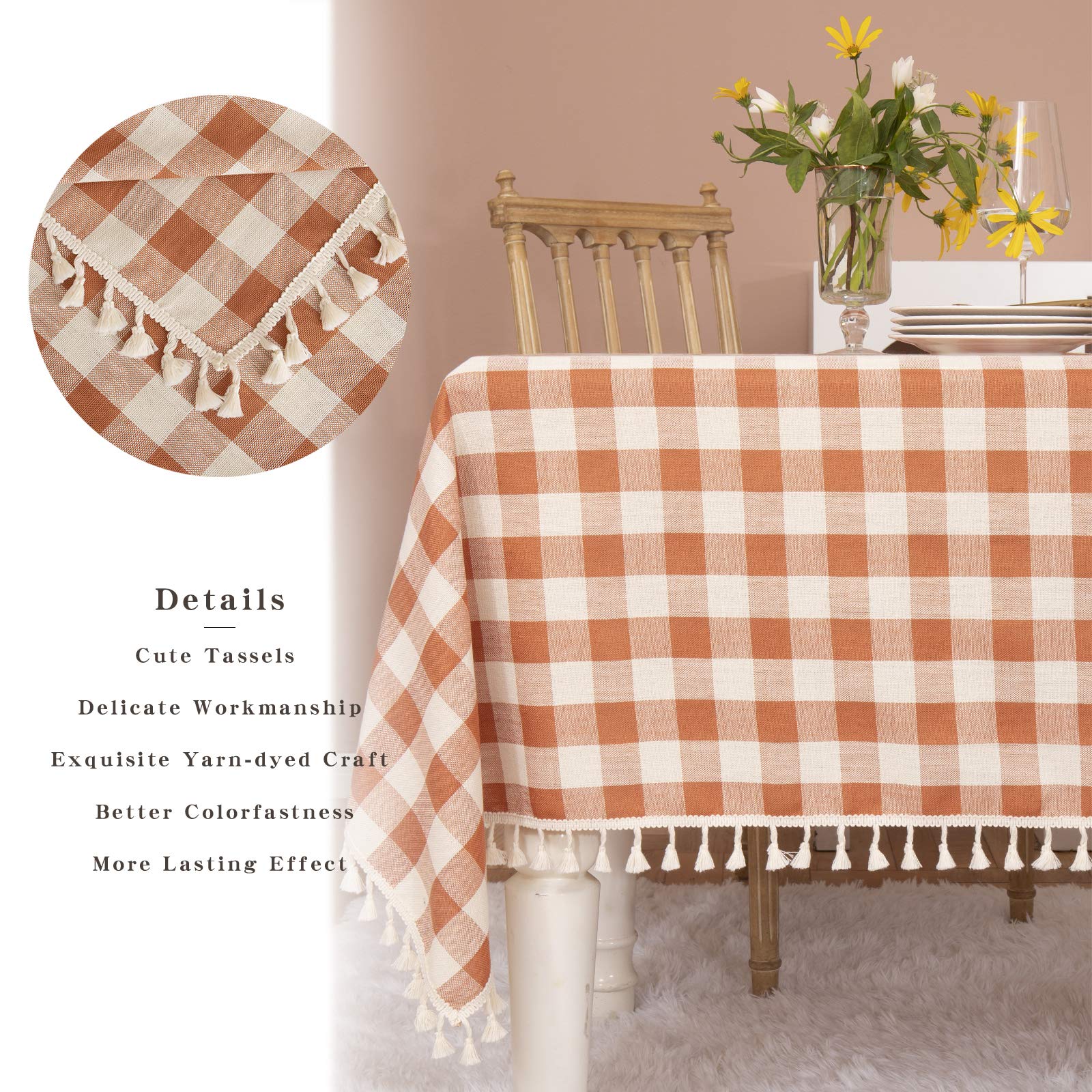 Orange buffalo plaid fall table cloth with tassel fringe detail
