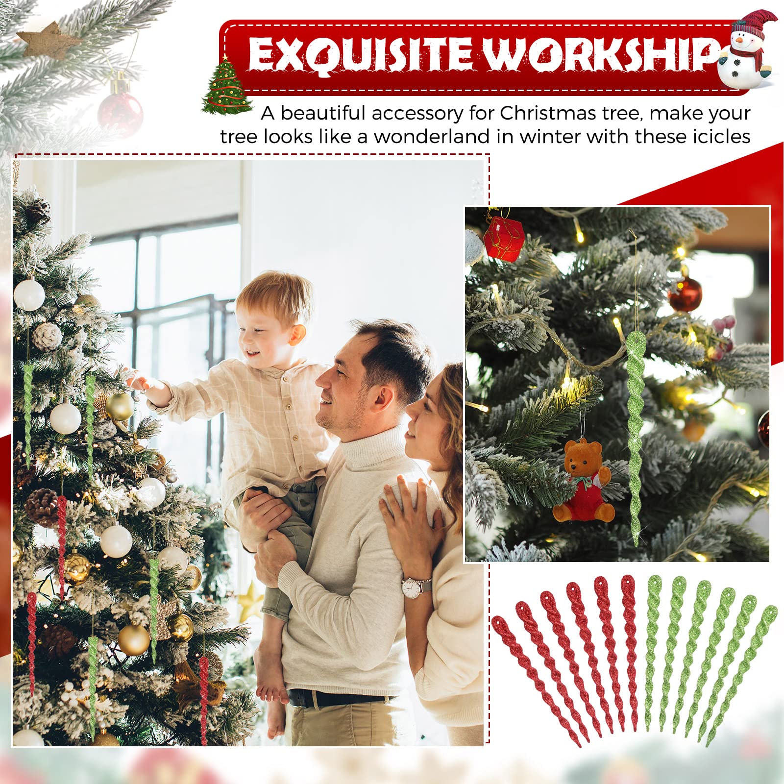 Red and Green Twisted Icicle Ornament Set Features