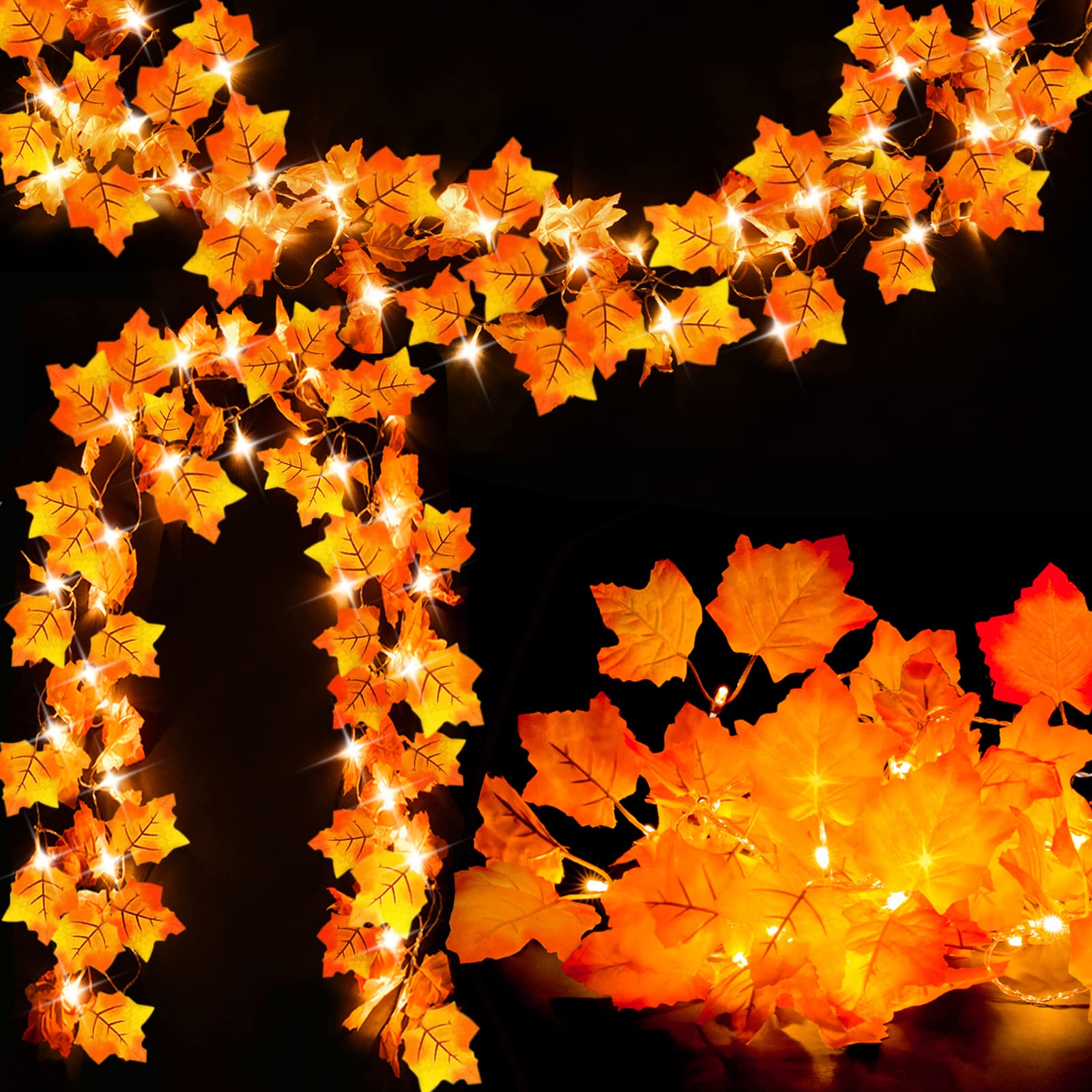 2 Pack Lighted Fall Maple Leaf Garland, Total 16.4ft 40 LED Indoor String Lights