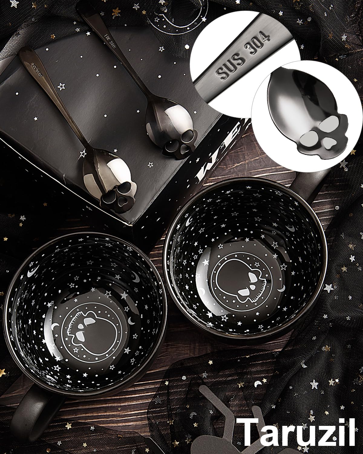 Halloween black skull coffee mugs and spoons