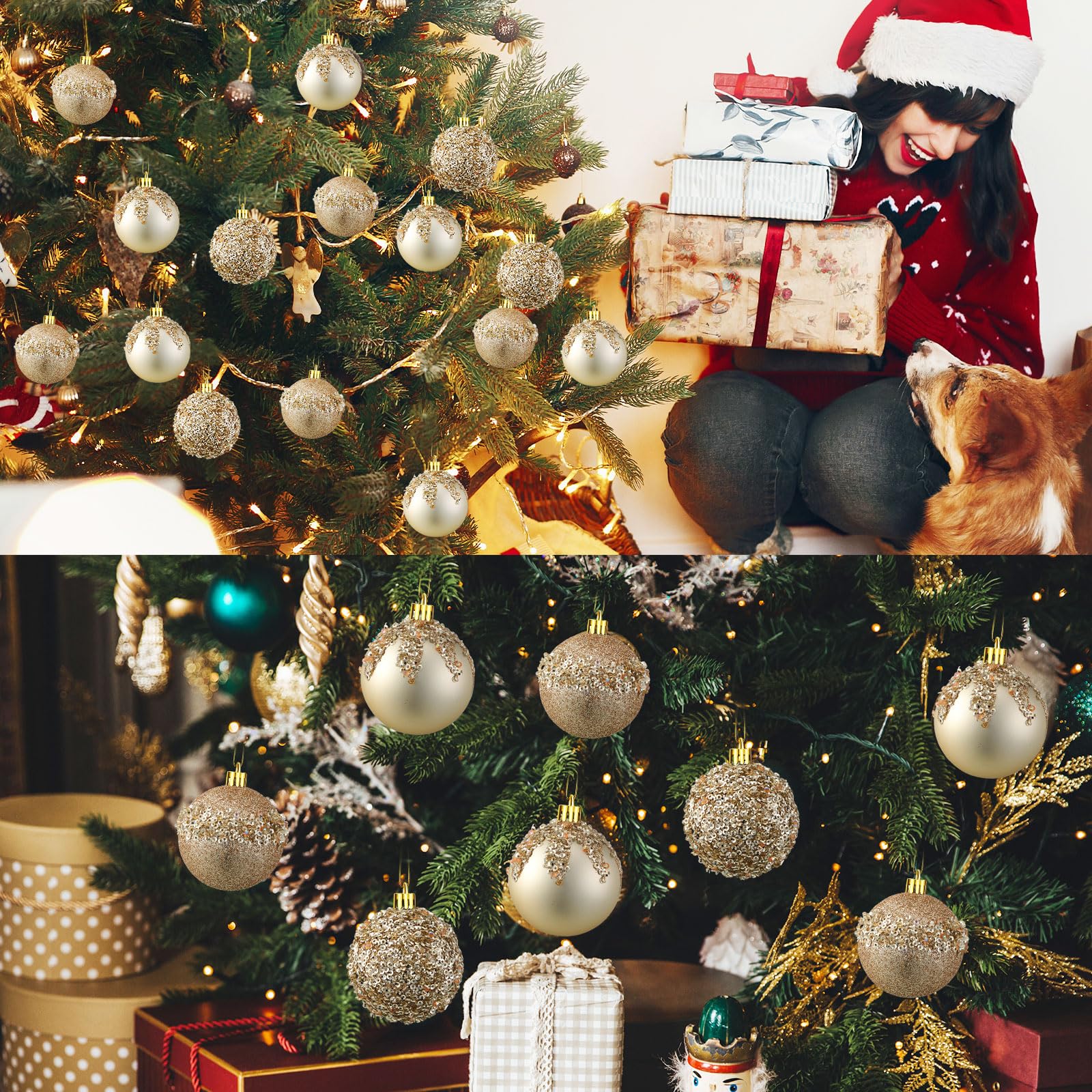 shiny sequence Christmas ornaments on fake tree