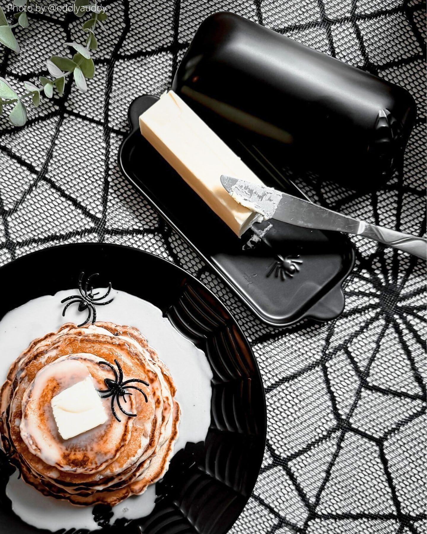 Spider web butter dish pairs perfectly with spider web dinnerware set