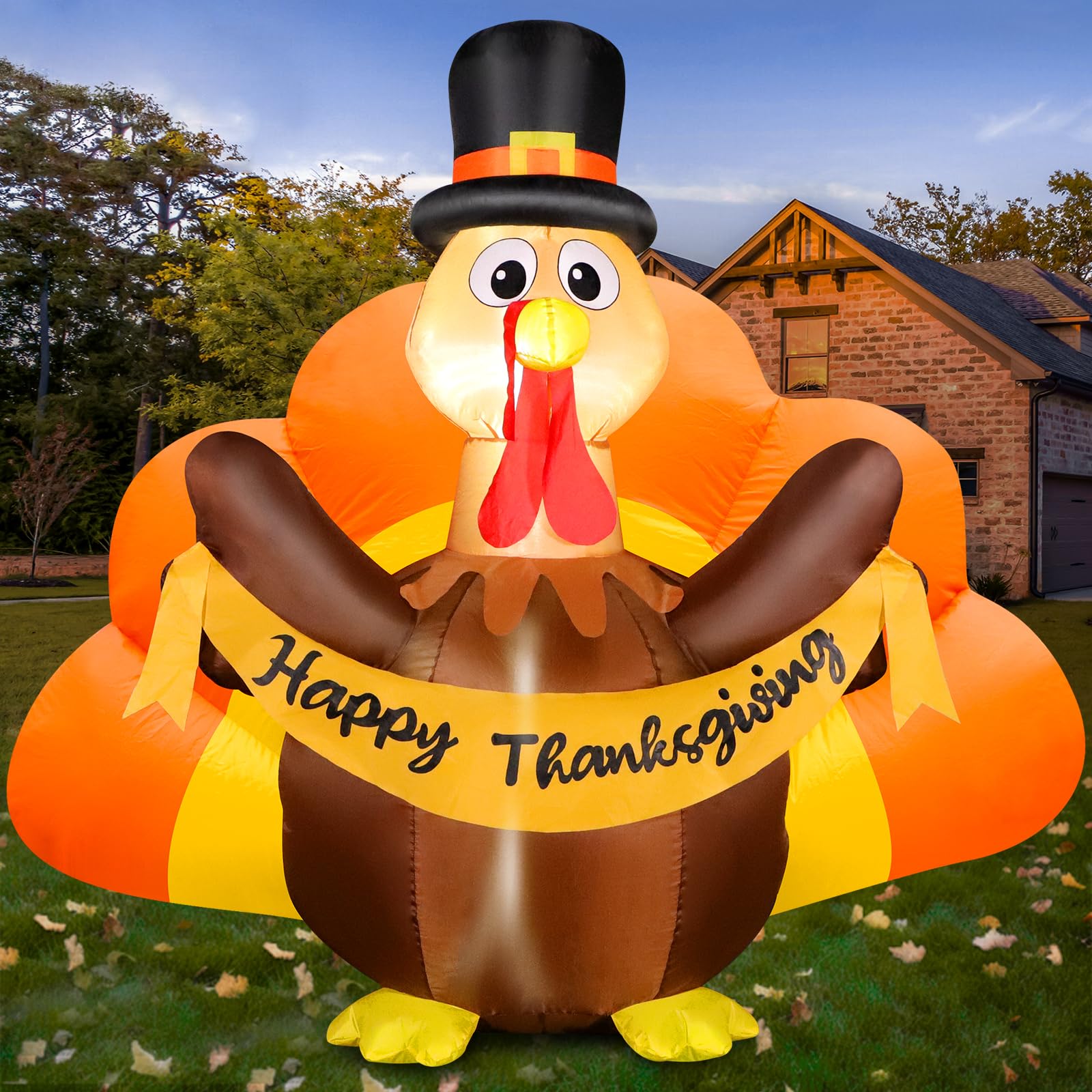 4.5FT Thanksgiving Inflatable Turkey with Pilgrim Hat and Colorful Tail