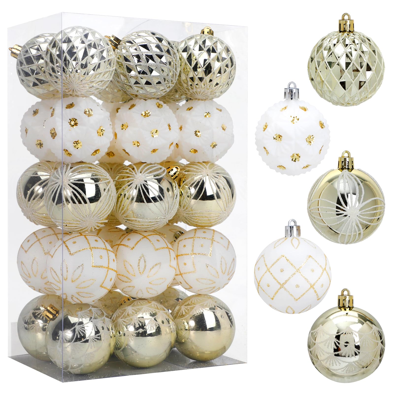 30pcs 2.36" White and Gold Christmas Balls Ornaments