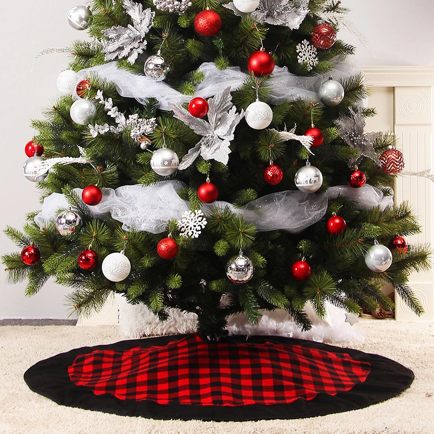 Red and Black Buffalo Plaid Tree Skirt Christmas Decor