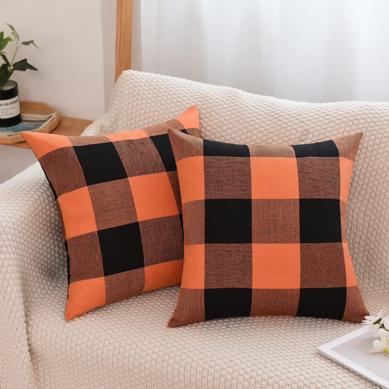 Set of 2 Orange Black Buffalo Check Plaid Throw Pillow Covers