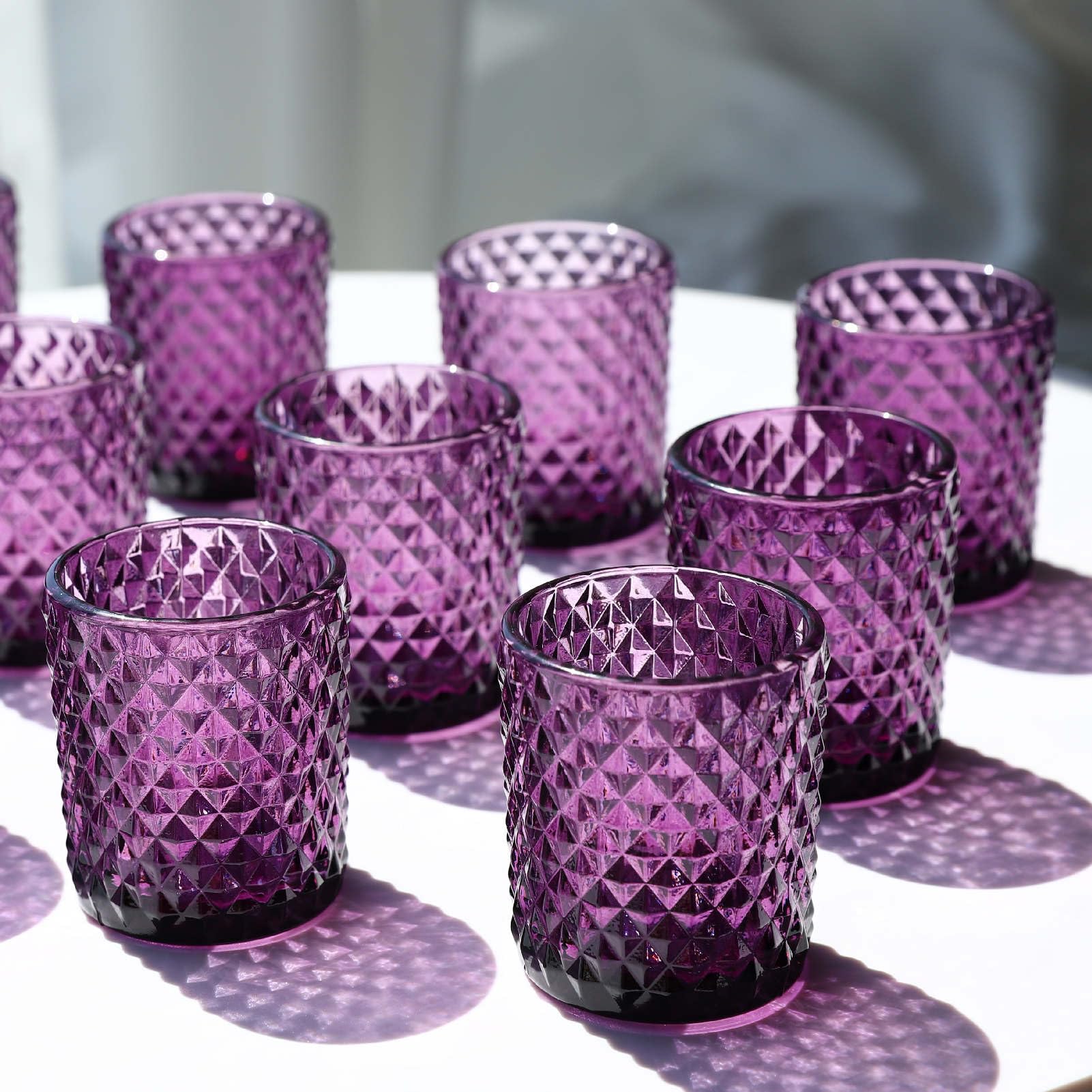 12pcs Purple Vintage Glass Diamond Pattern Votive Candle Holders