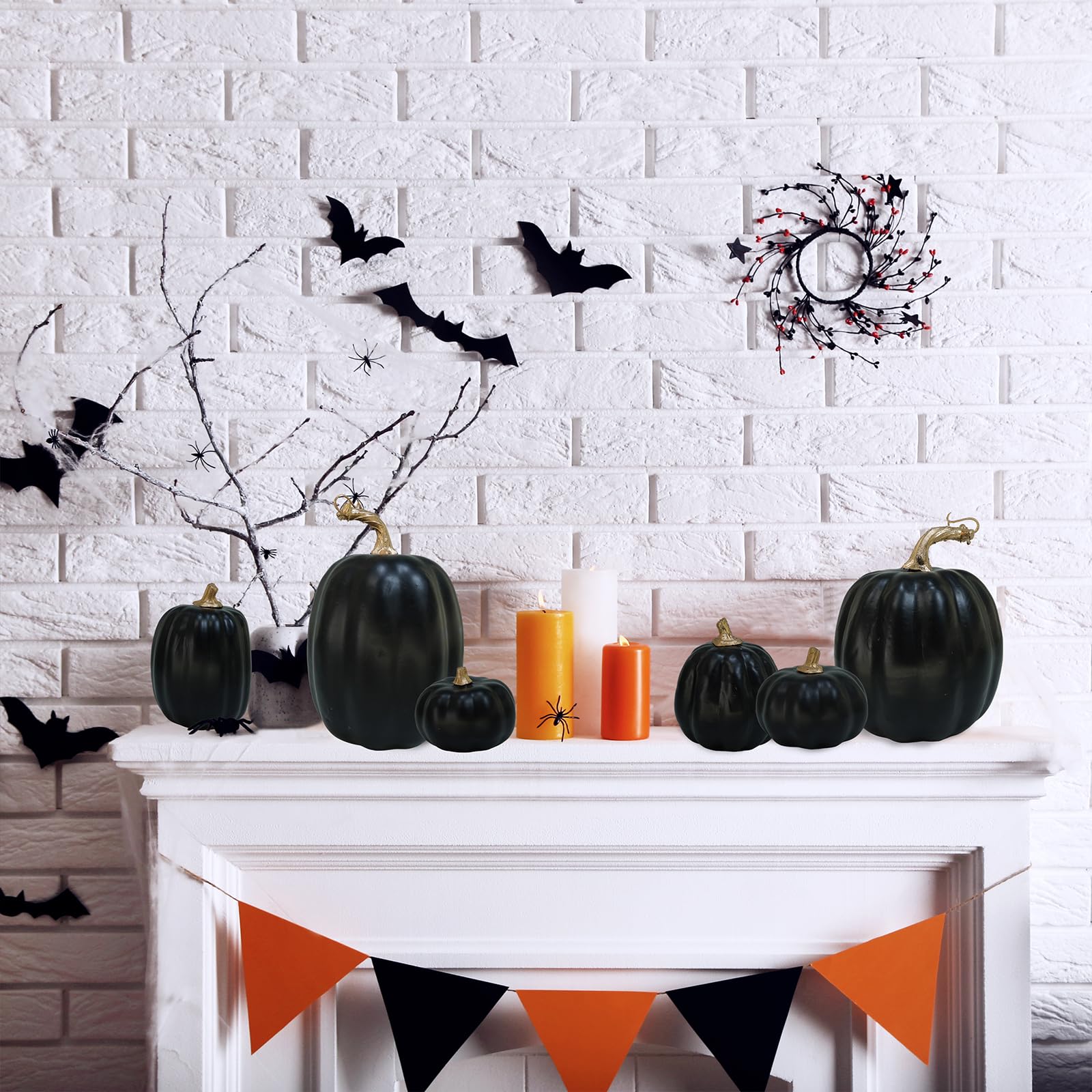black faux pumpkin decor for mantle