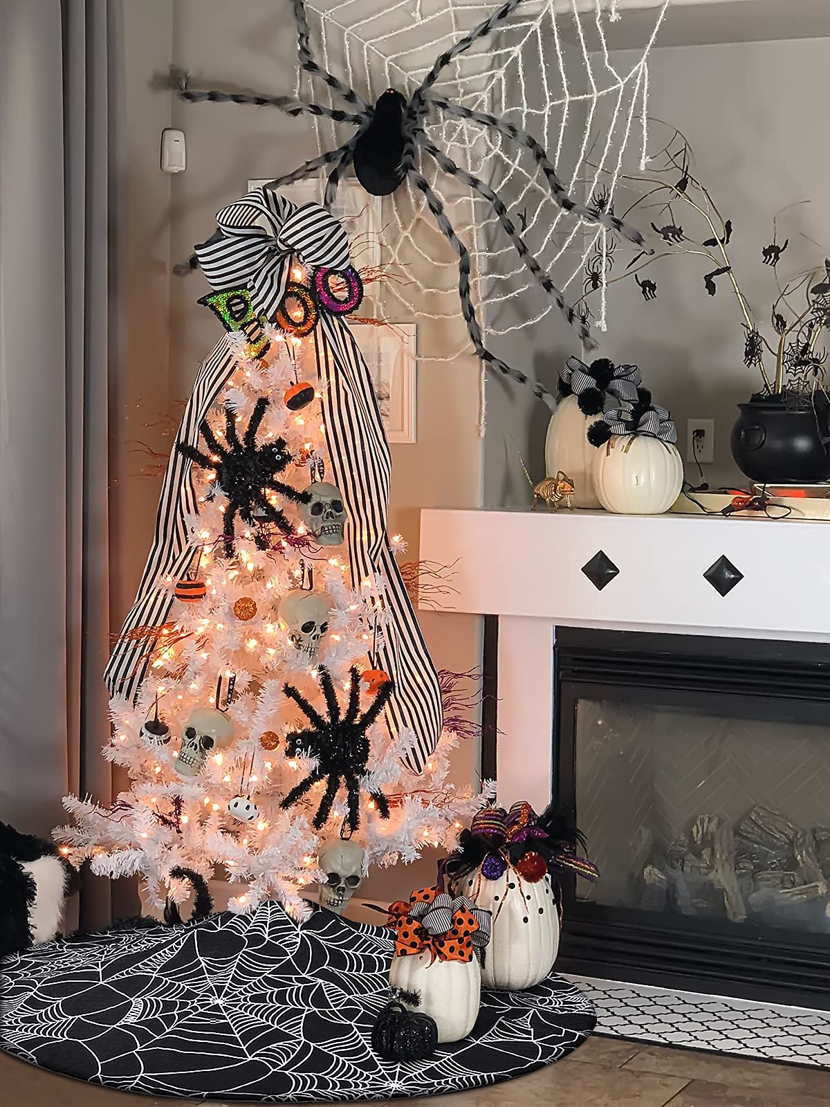 48” Spider Web Tree Skirt, Black Halloween Tree Skirt for 6-7.5 ft Tree