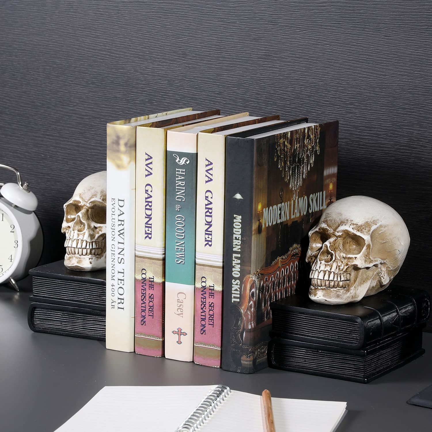 Skull Bookend Set - Goth library decor - Skull Halloween decoration