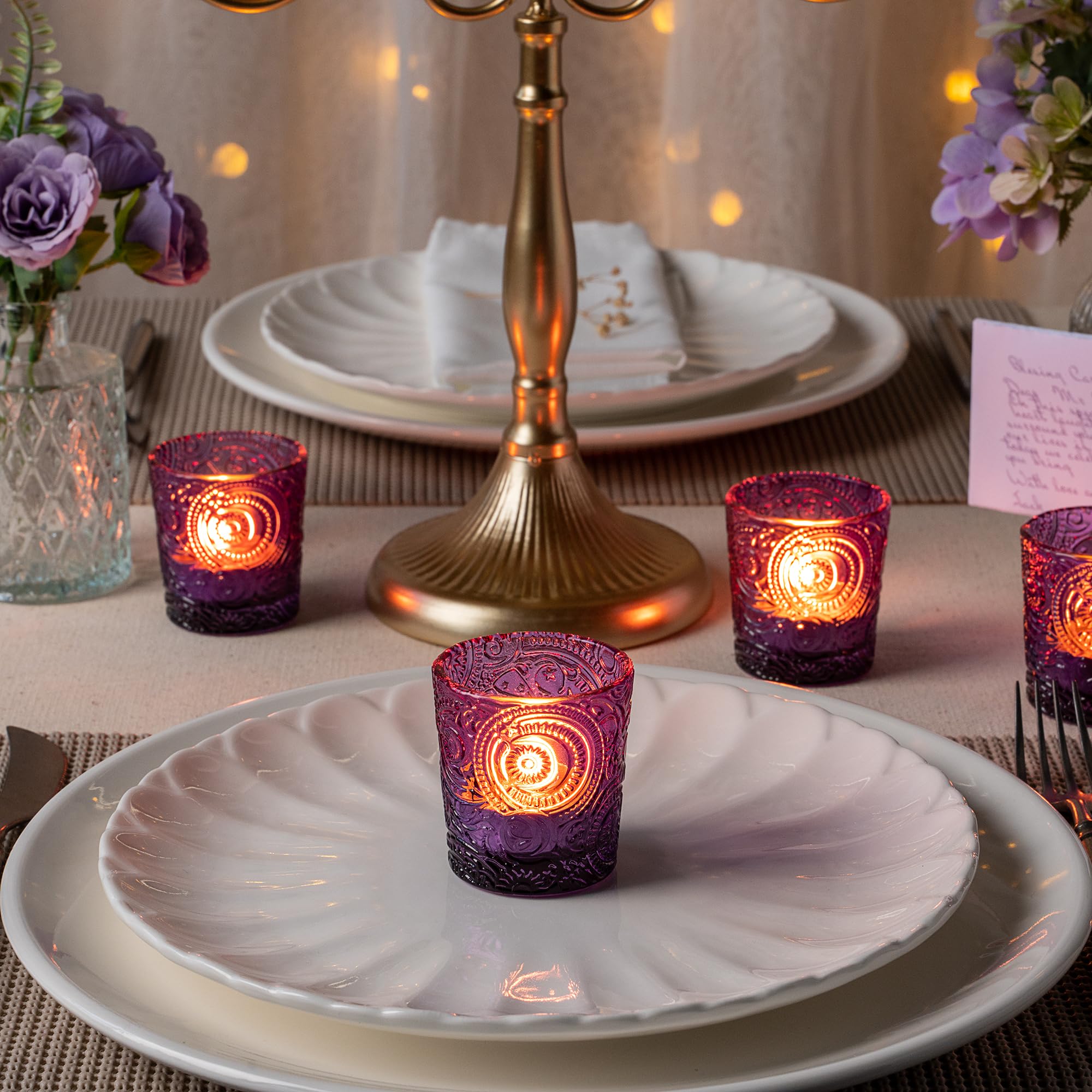 12 Pack Sun Moon Star Embossed Glass Tea Light Candle Holders Amethyst Purple