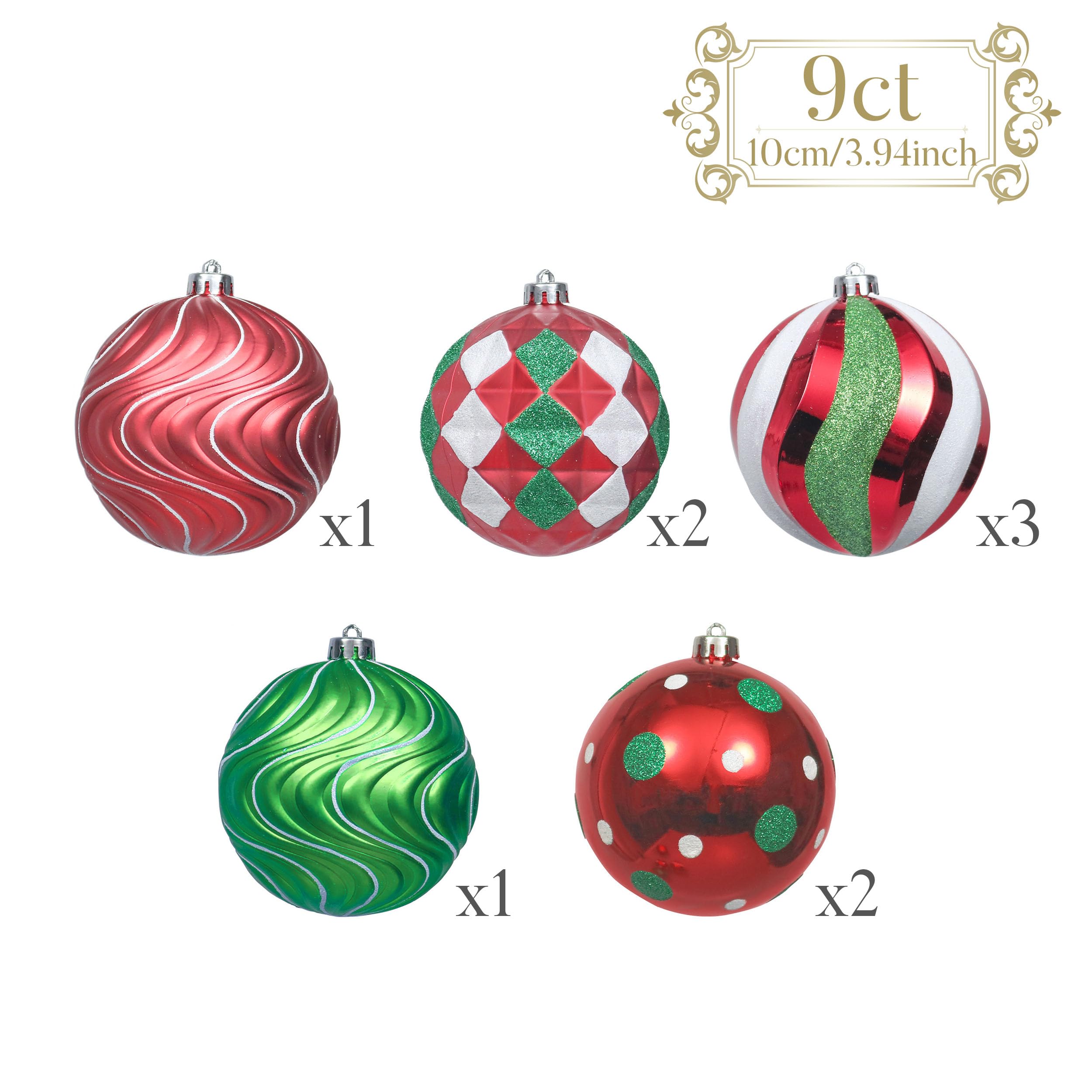 9 piece red green white Christmas ornament set