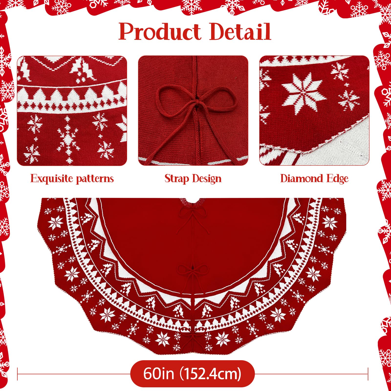 Knit Red and White Poinsettia Pattern Christmas Tree Skirt