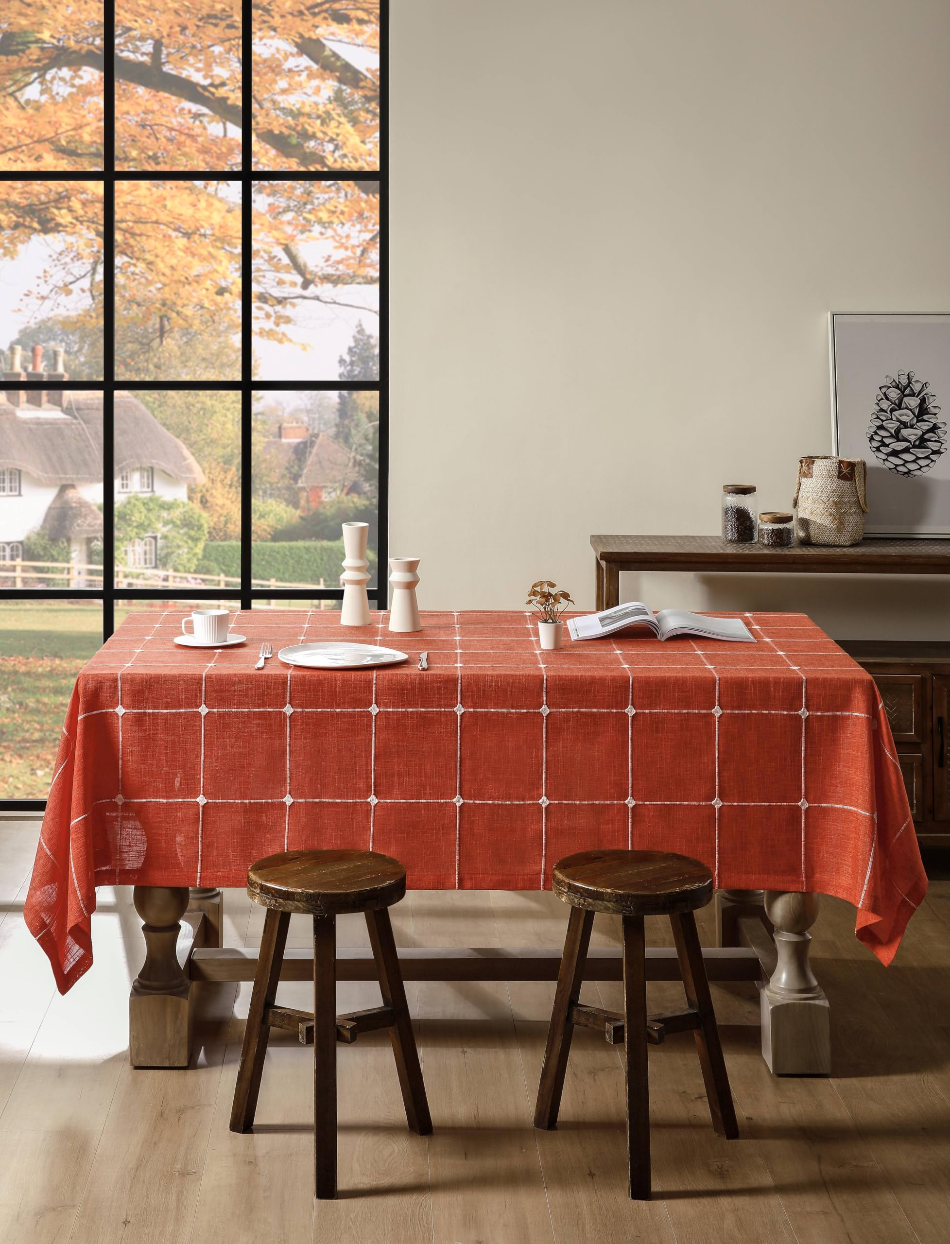 Orange embroidered square grid tablecloth