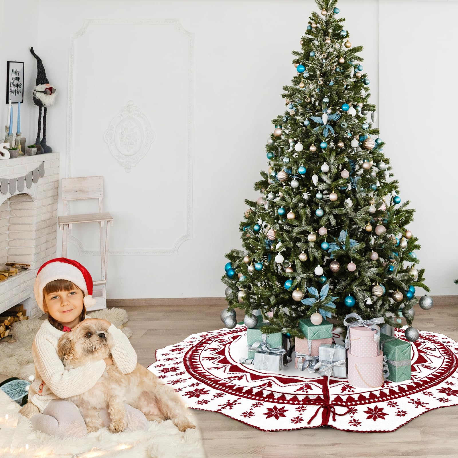 60 Inch Knit White and Red Poinsettia Pattern Christmas Tree Skirt