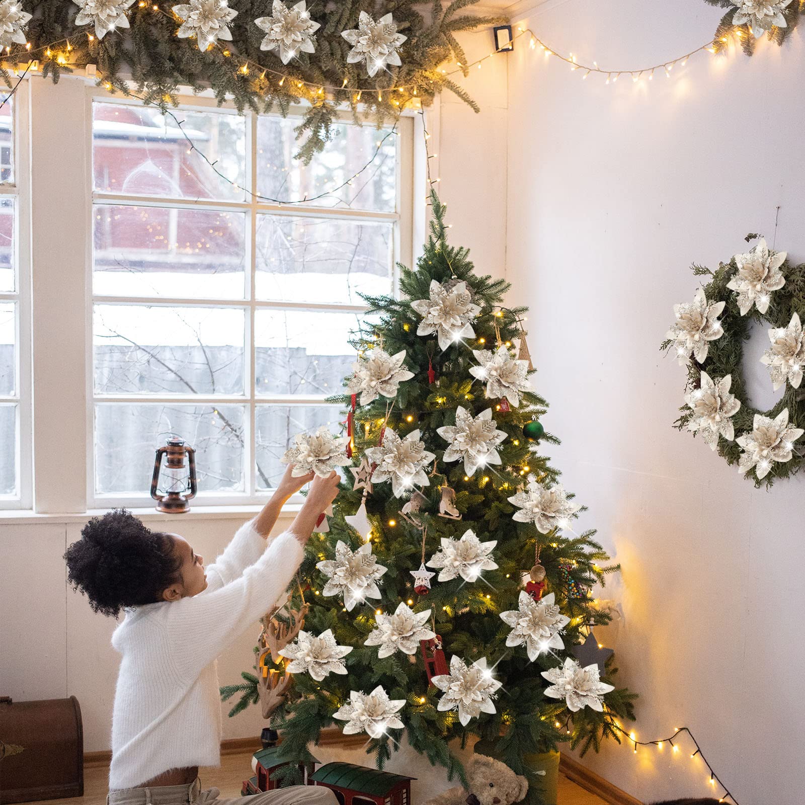 poinsettias on Christmas tree