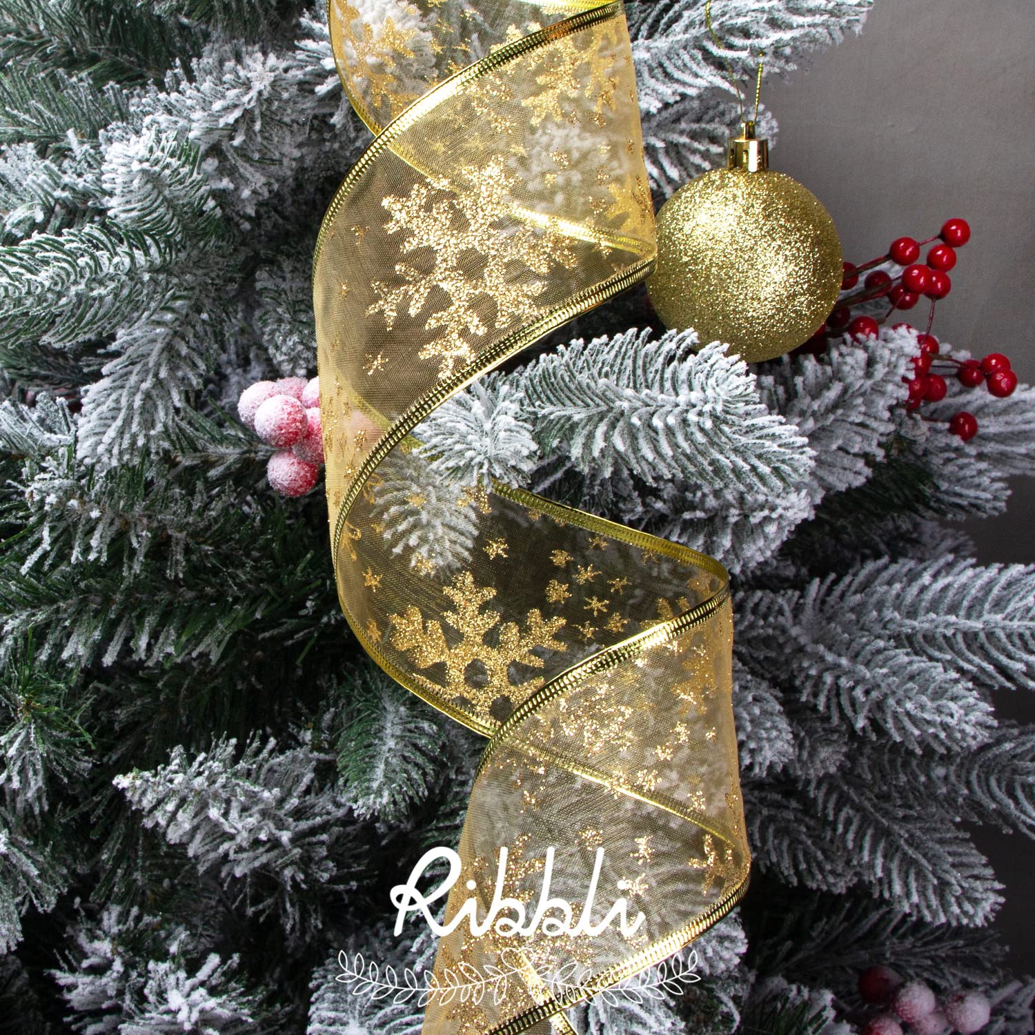 Wired Gold Glitter Snowflake Christmas Tree Ribbon