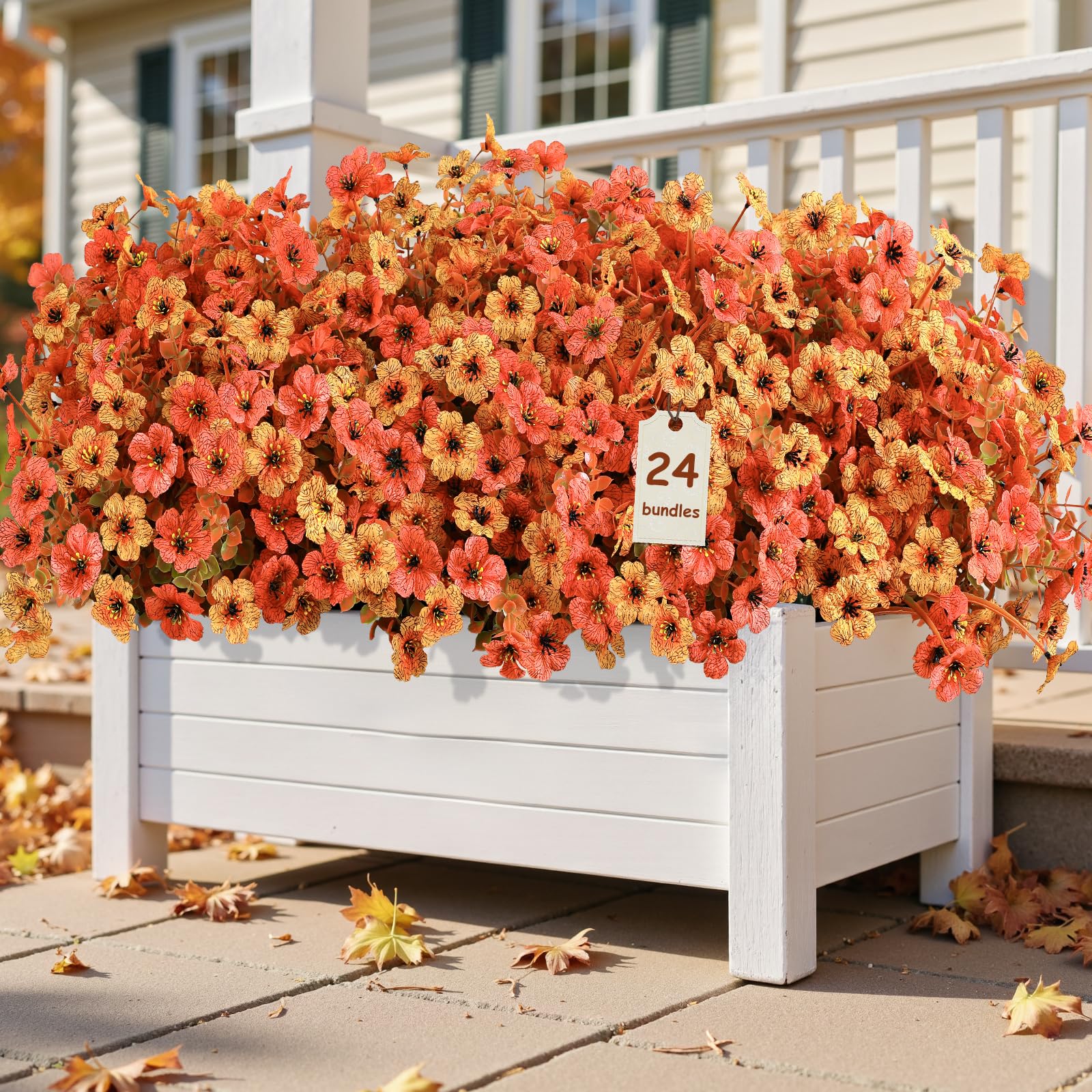 24 Bundles Orange & Red Artificial Fall Mums Flowers for Outdoors Decoration
