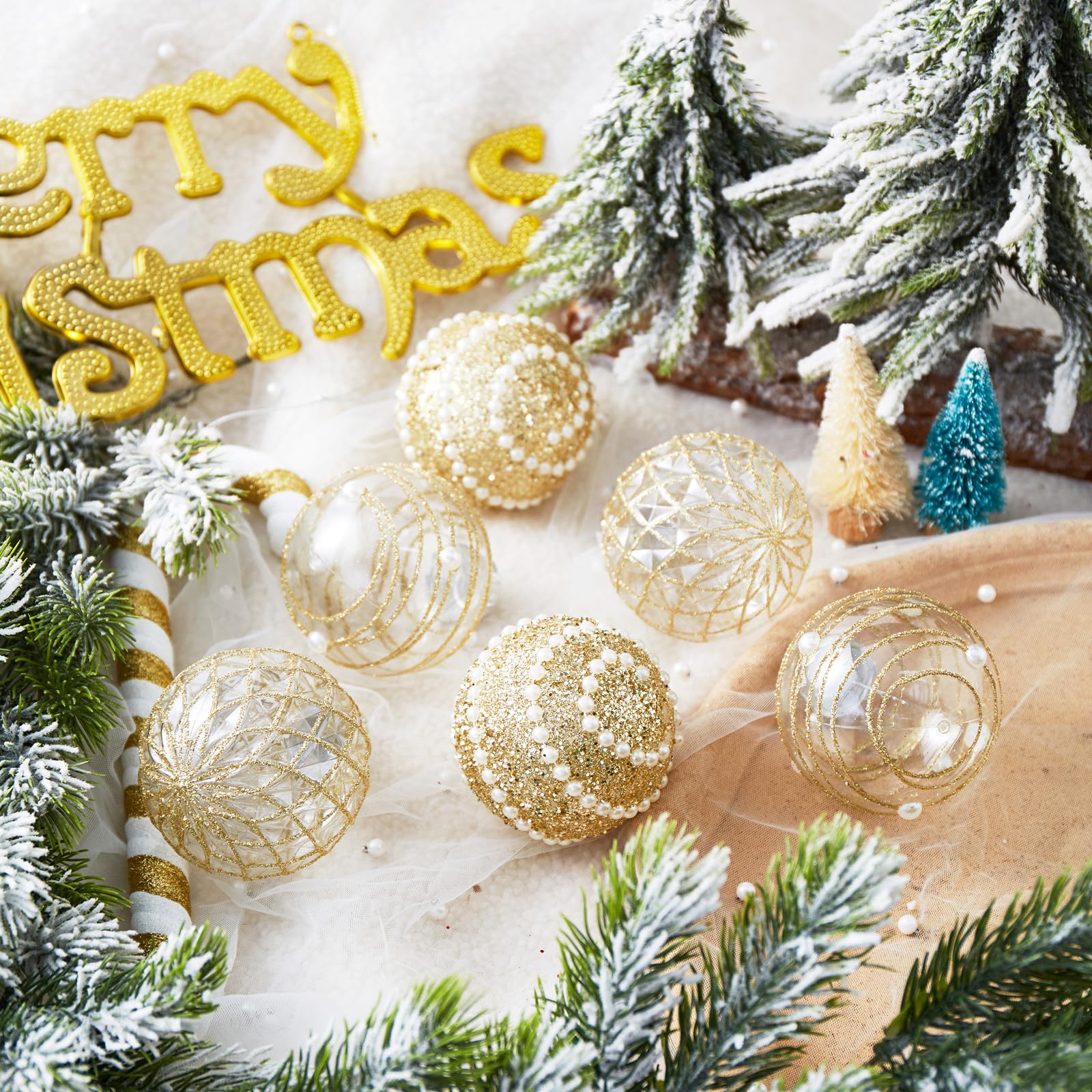 clear holiday ornaments with gold accents