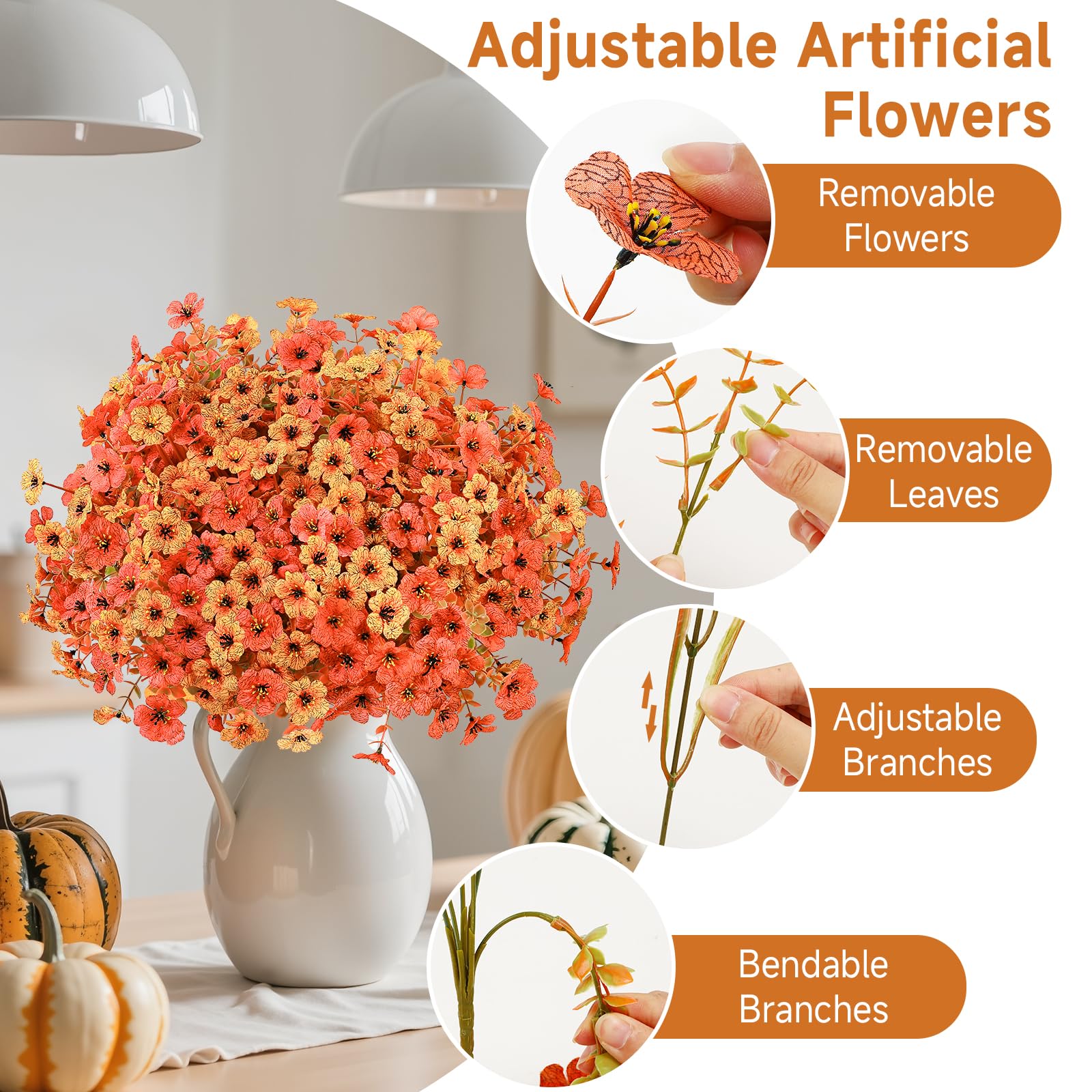 24 Bundles Orange & Red Artificial Fall Mums Flowers for Outdoors Decoration