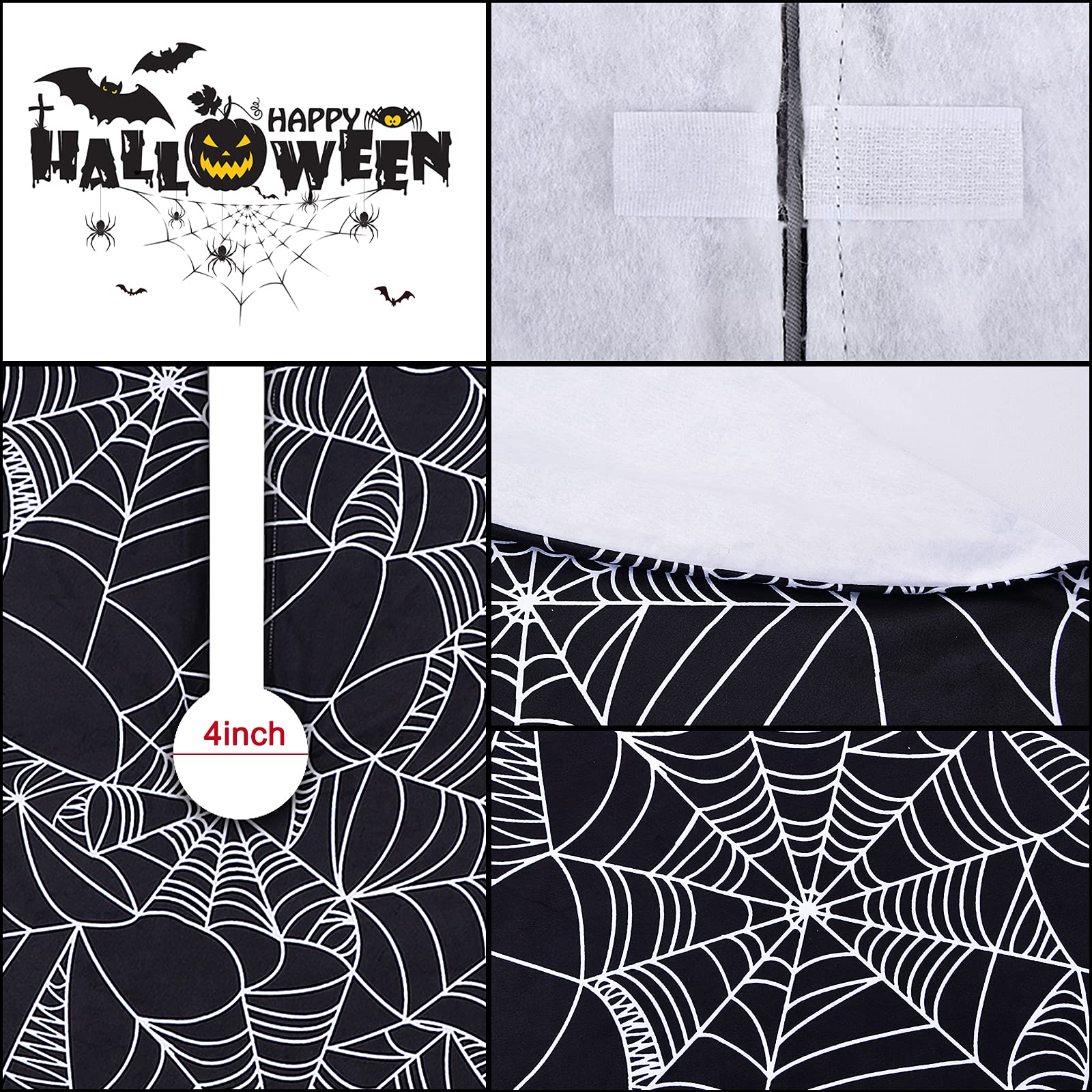 48” Spider Web Tree Skirt, Black Halloween Tree Skirt for 6-7.5 ft Tree