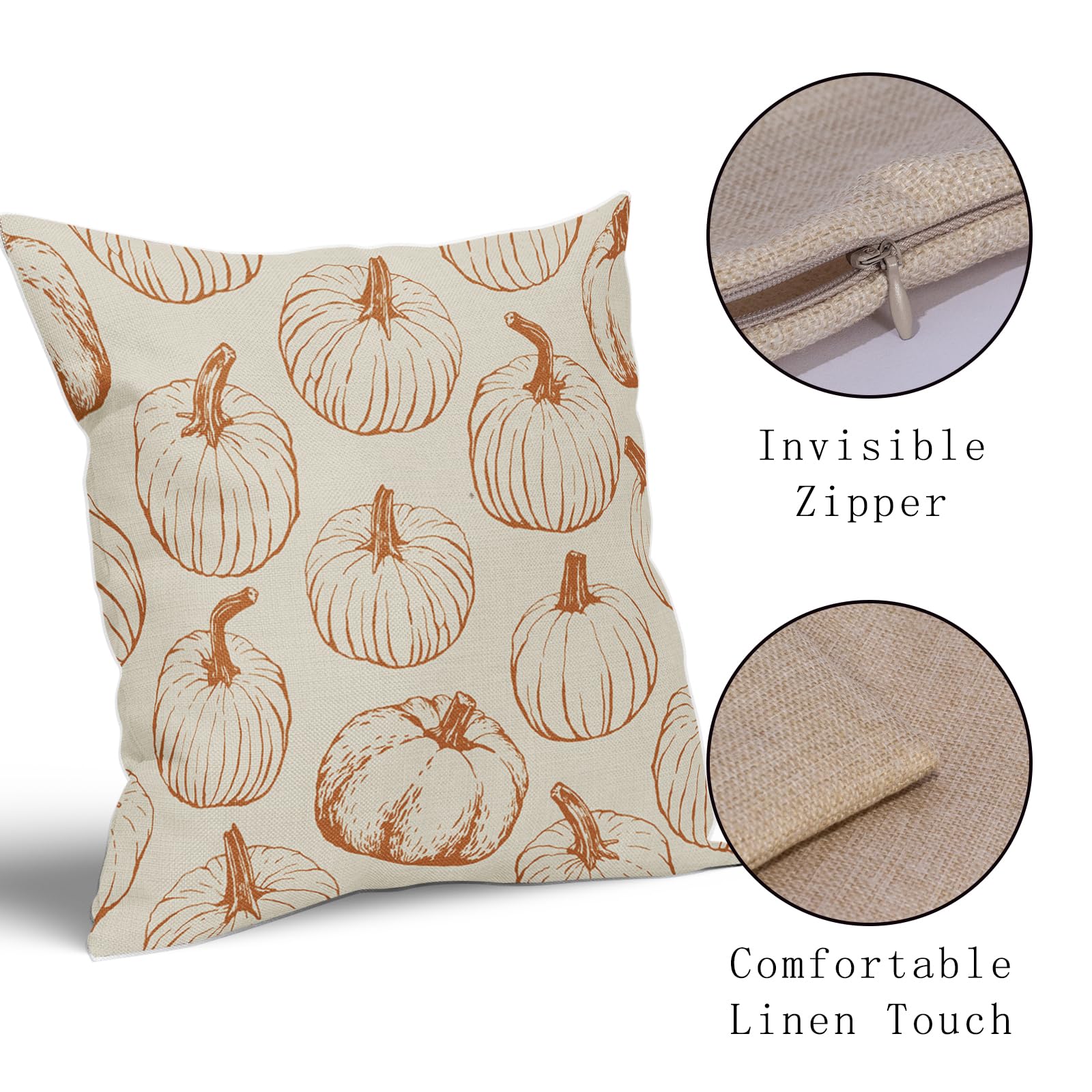 pumpkin printed fall throw pillow covers feature invisible zipper and comfortable linen feel