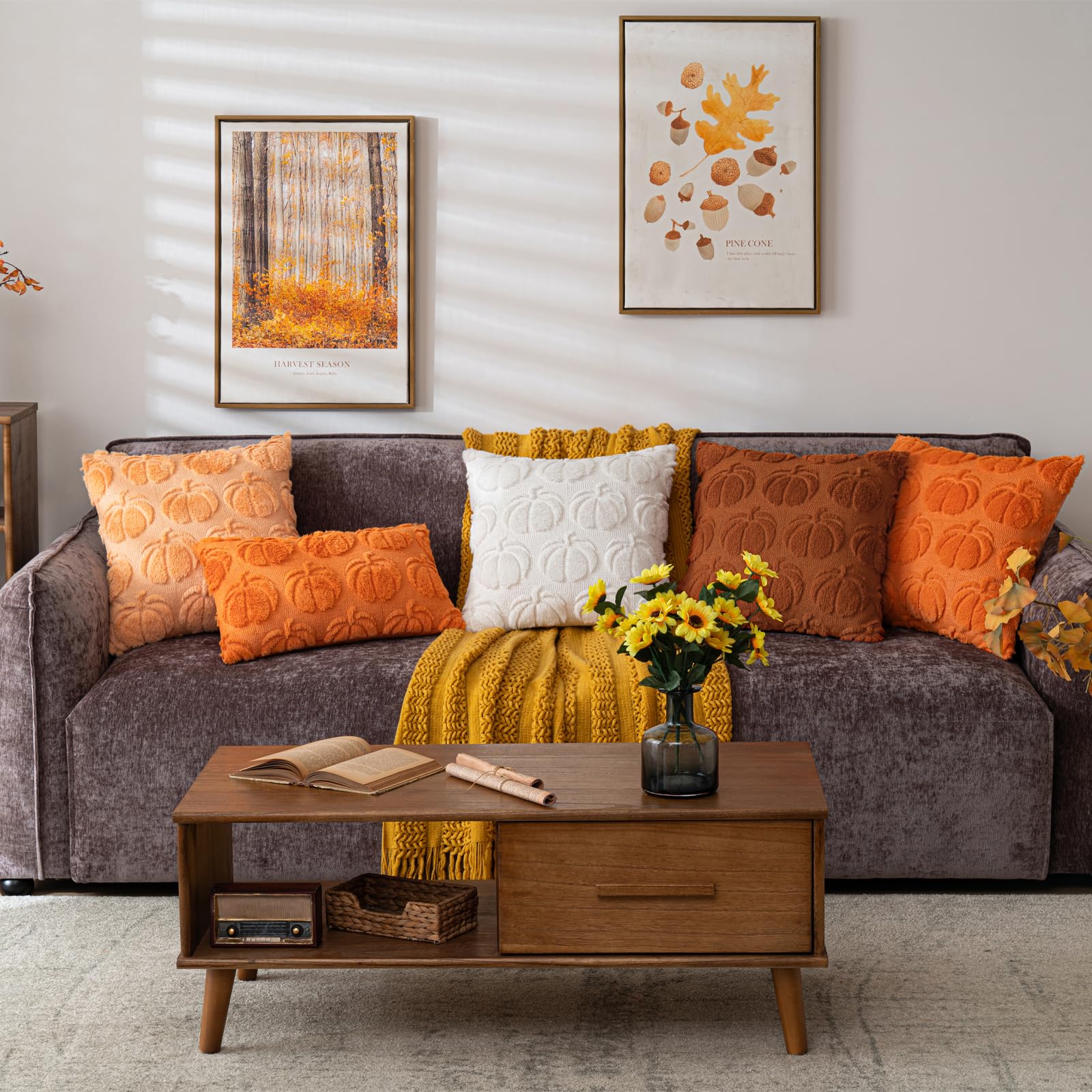 pumpkin fall throw pillows in multiple colors and sizes