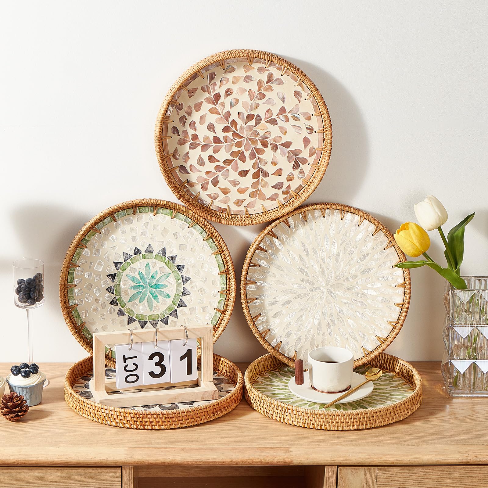 Round Rattan Tray with Pattern Inlays are perfect for hosting or display as decor