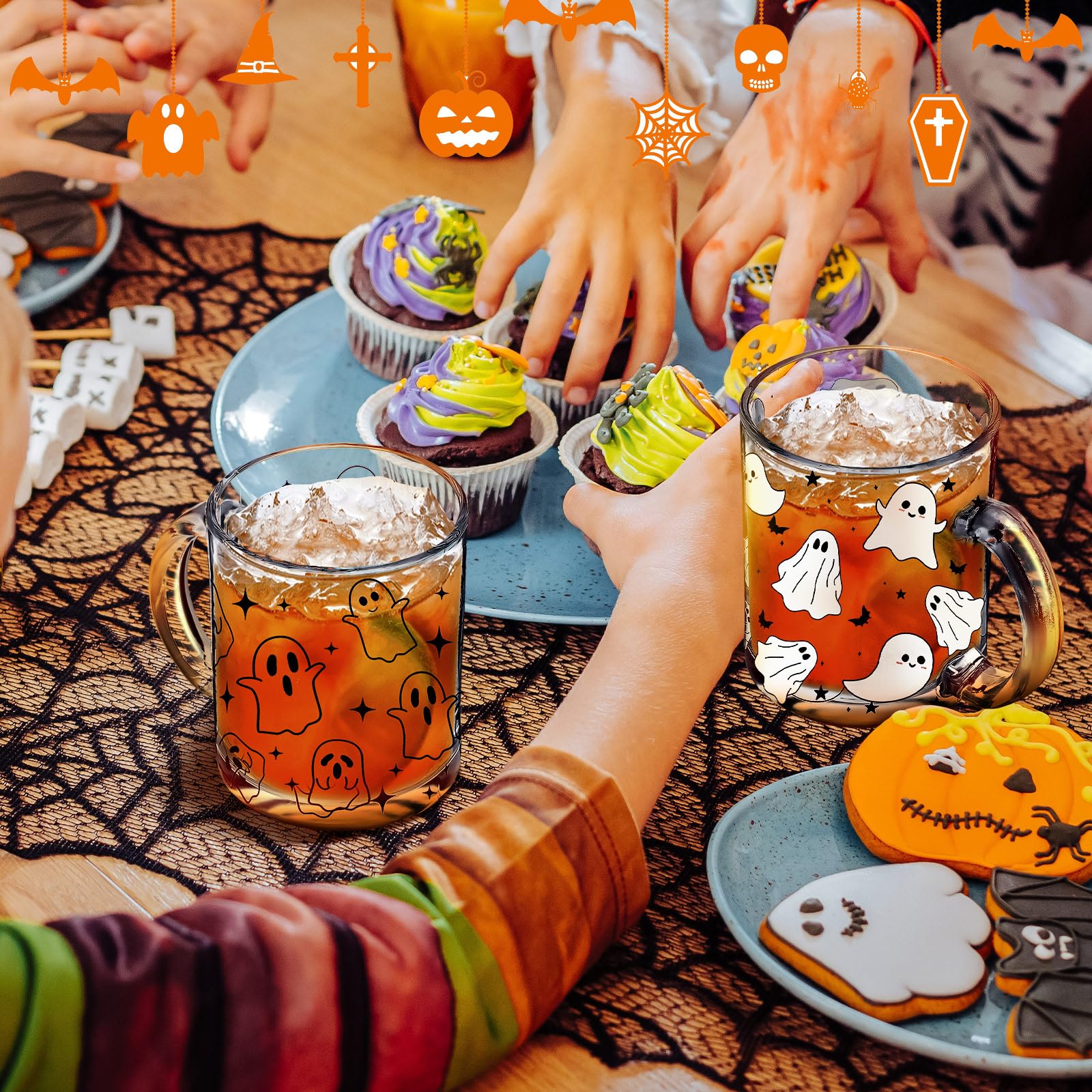 4 Pcs Ghost Print Glass Coffee Mugs with Handle, Halloween Coffee Mugs